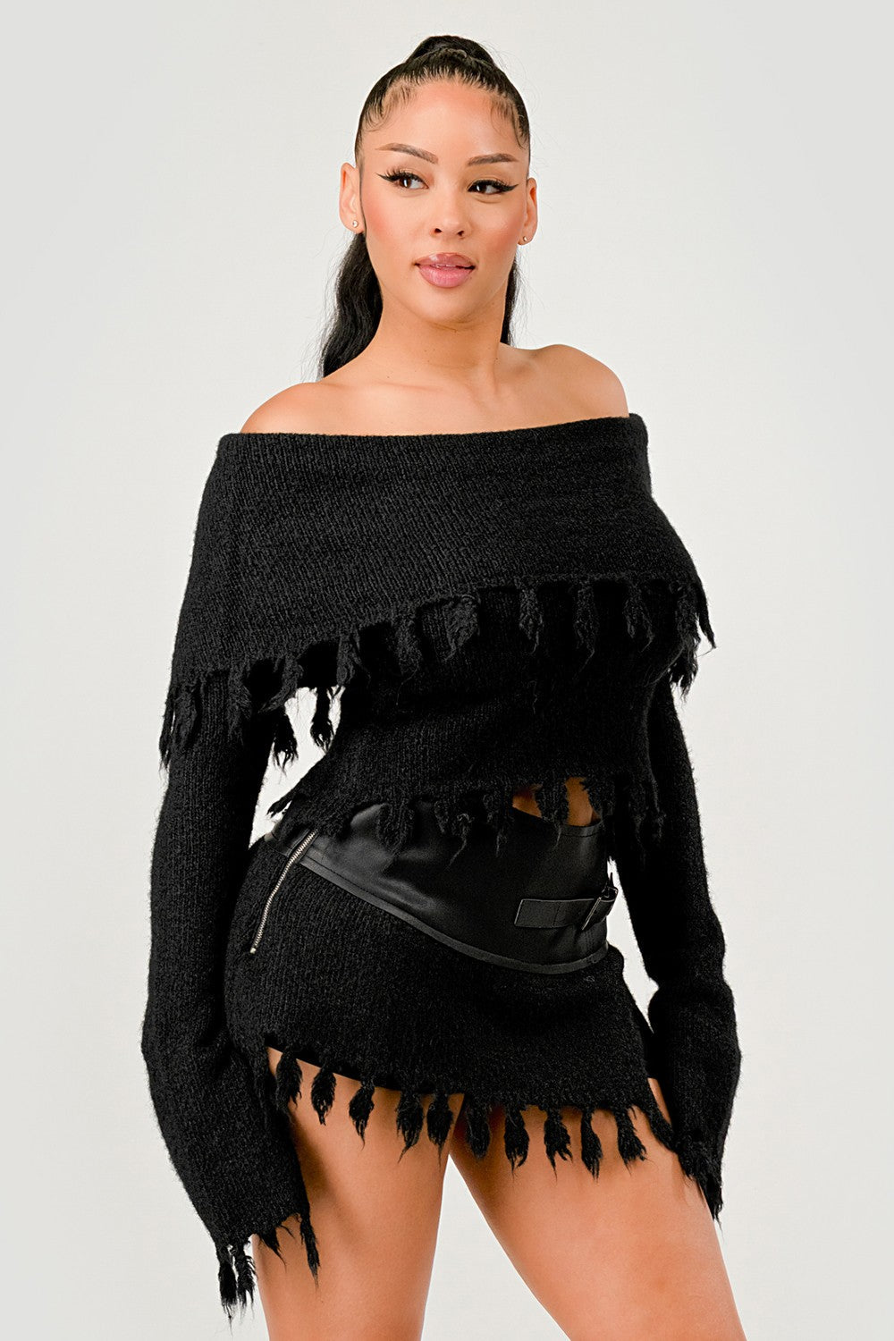 Shoulder Knit Set with Faux Leather