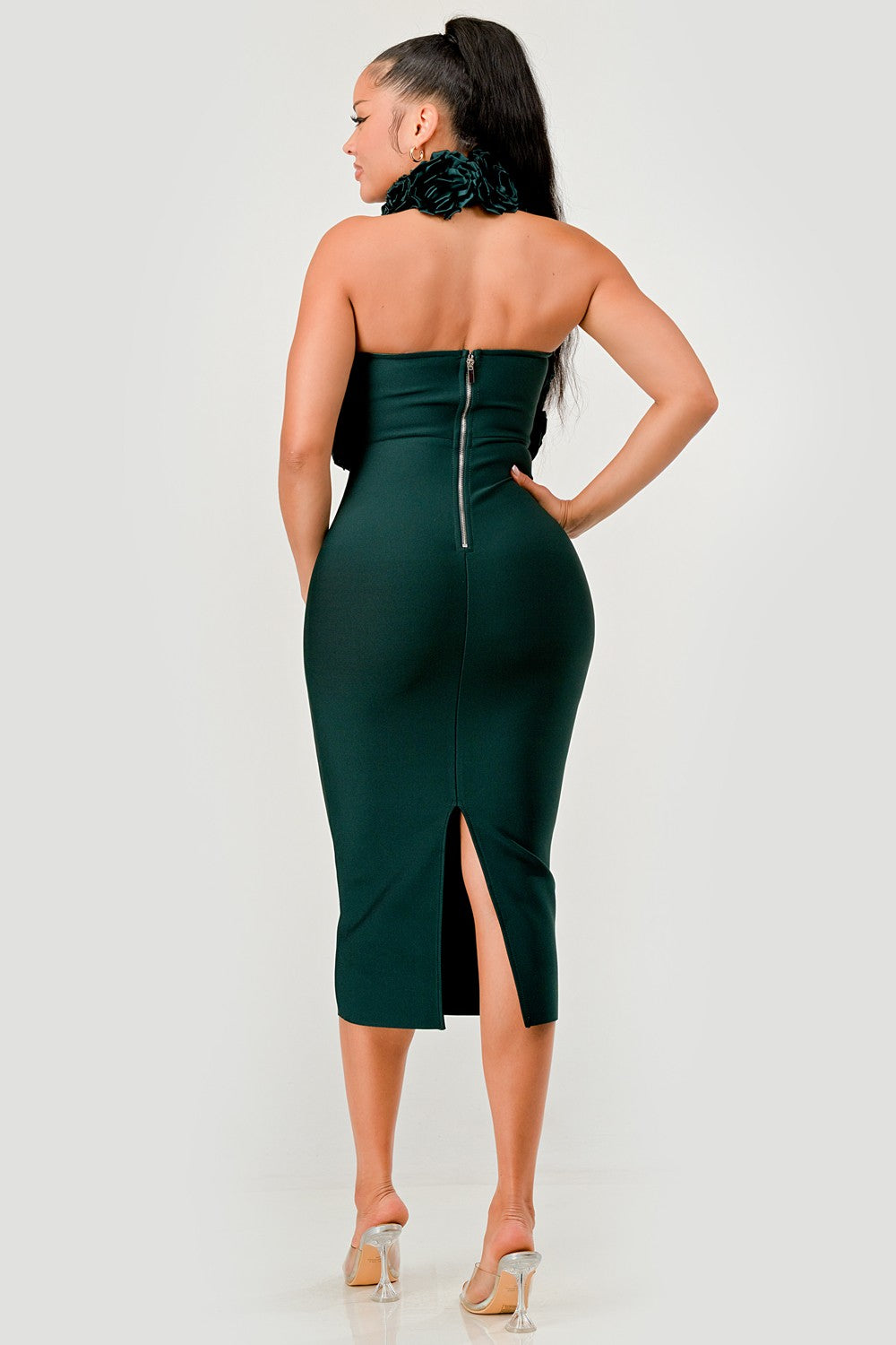 Rose Applique Halter Midi Dress