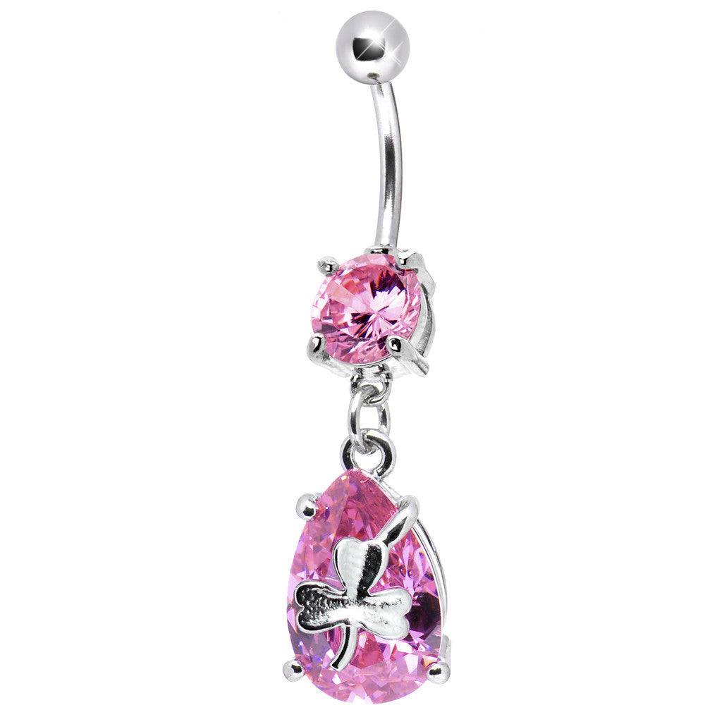 BodyCandy Pink Cubic Zirconia Teardrop Shamrock Belly Ring — main product shot