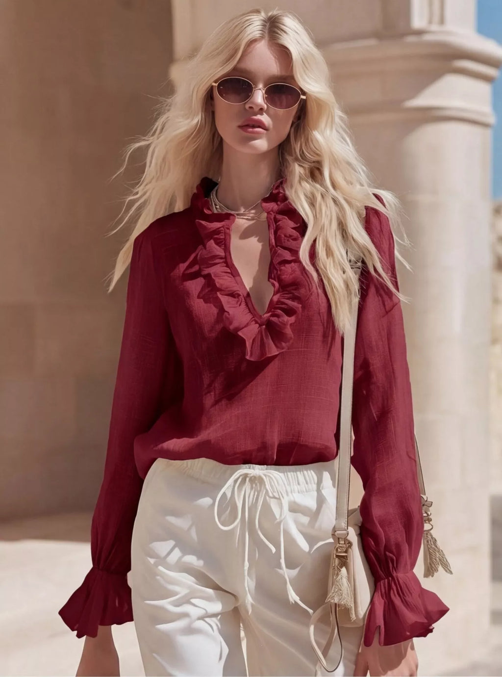 Ruffled V-Neck Long Sleeve Blouse