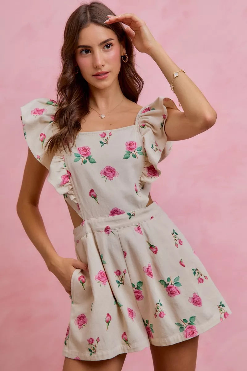 SO ME Floral Print Denim Cut Out Waist Ruffled Romper