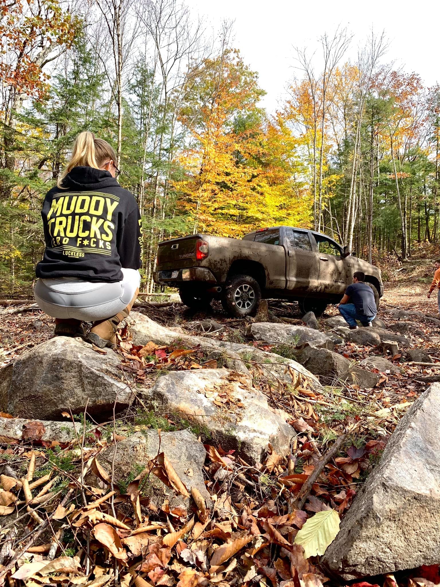 Luckless Outfitters Muddy Trucks Zero Fucks Hoodie — detail close-up