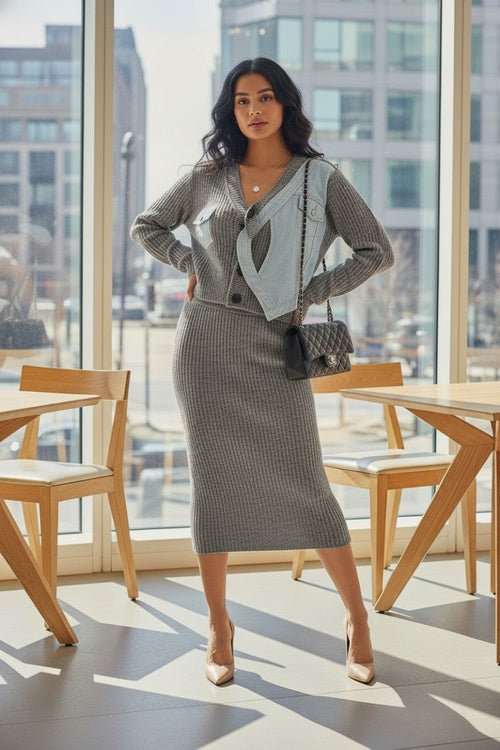 Denim Patchwork Knit Two-Piece Skirt Set by ATHINA RETAIL