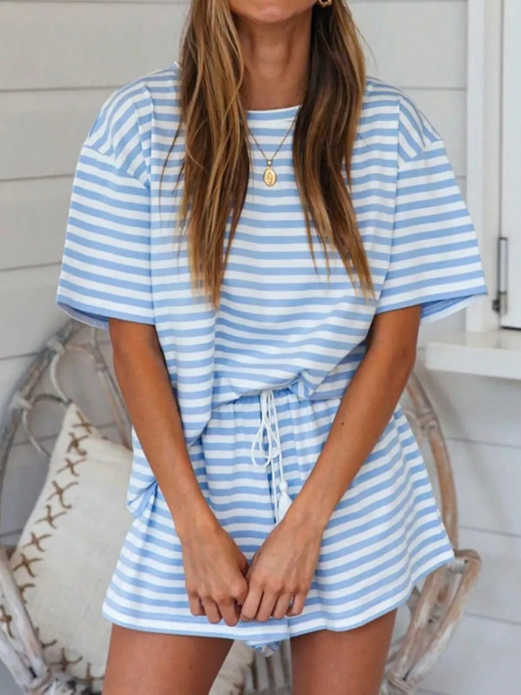 Striped Short Sleeve Tee and Drawstring Shorts Set