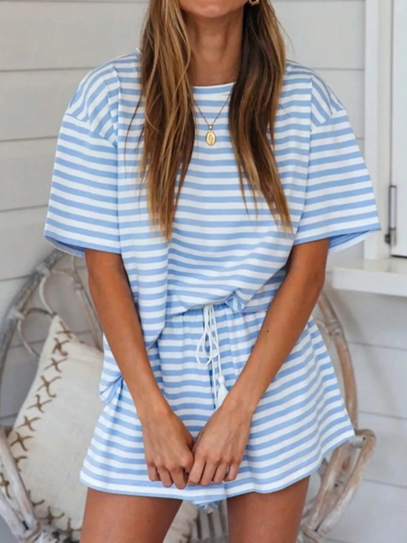 Striped Short Sleeve Tee and Drawstring Shorts Set