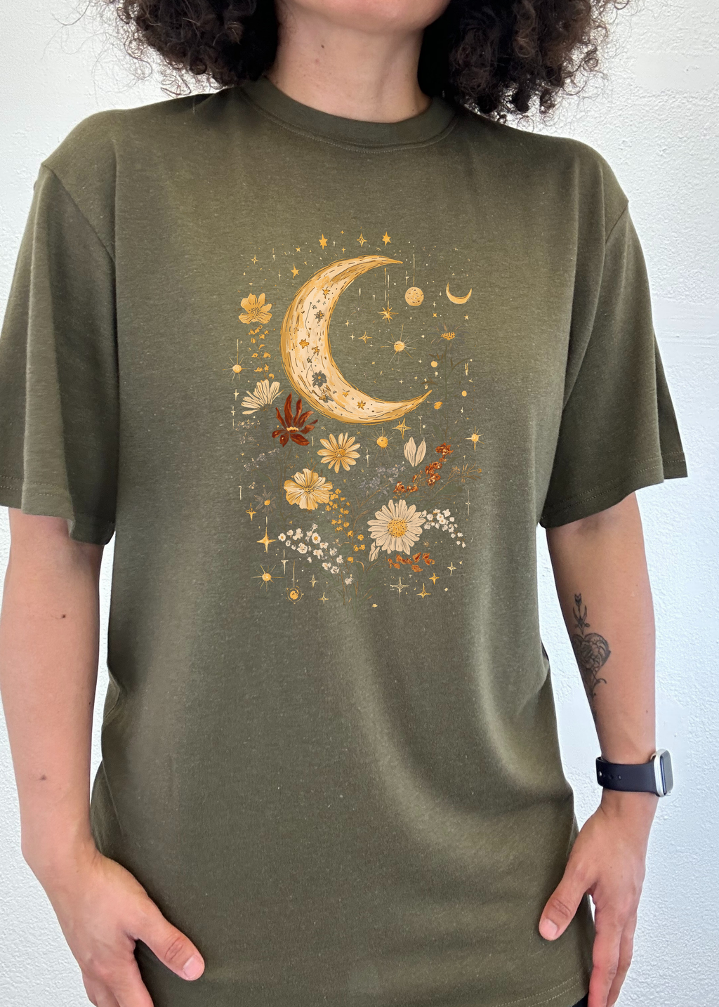 Spun Bamboo Celestial Moon Boho Flowers Vintage Unisex Bamboo/Cotton Graphic T-Shirt — alternative angle
