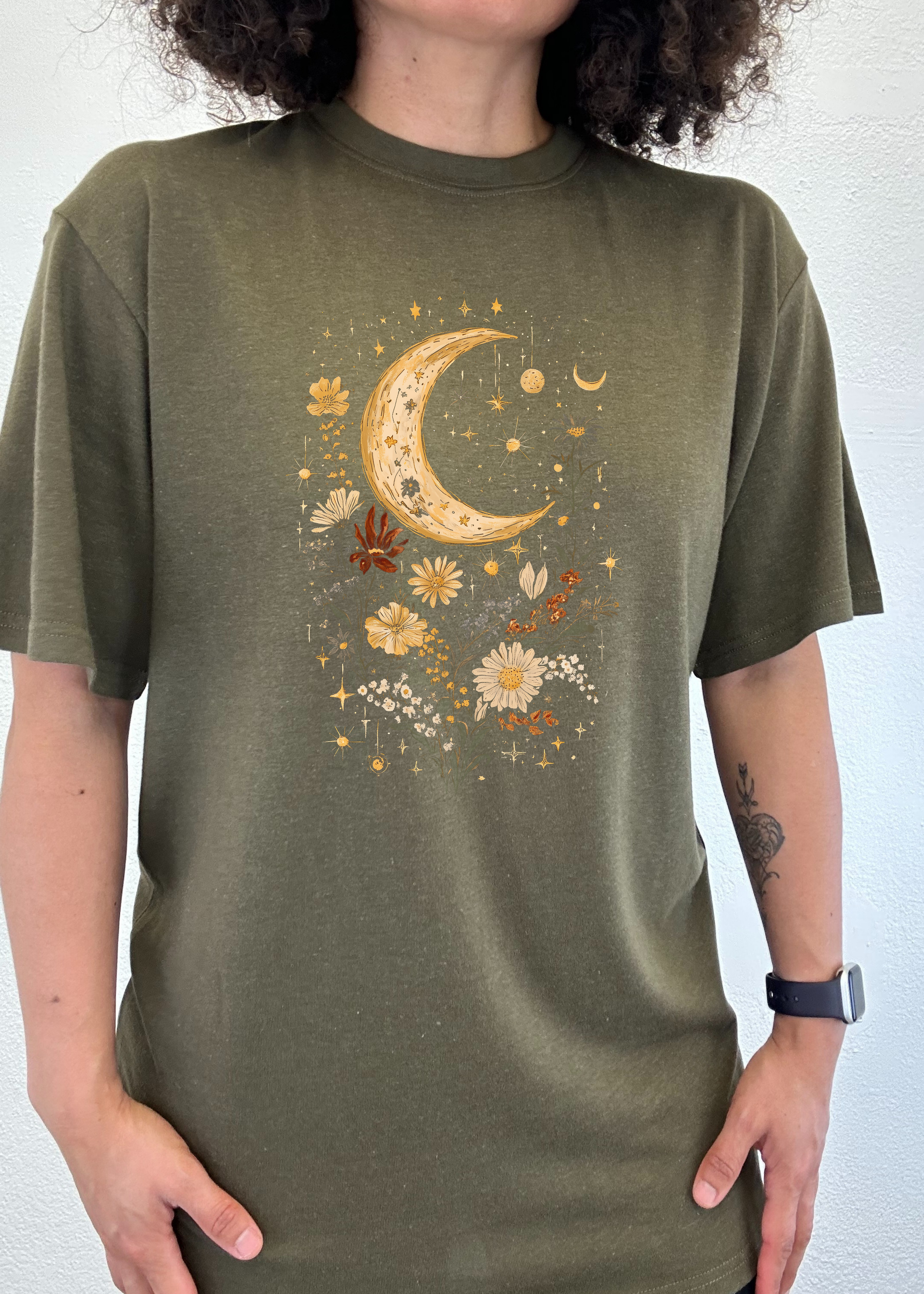 Spun Bamboo Celestial Moon Boho Flowers Vintage Unisex Bamboo/Cotton Graphic T-Shirt — alternative angle
