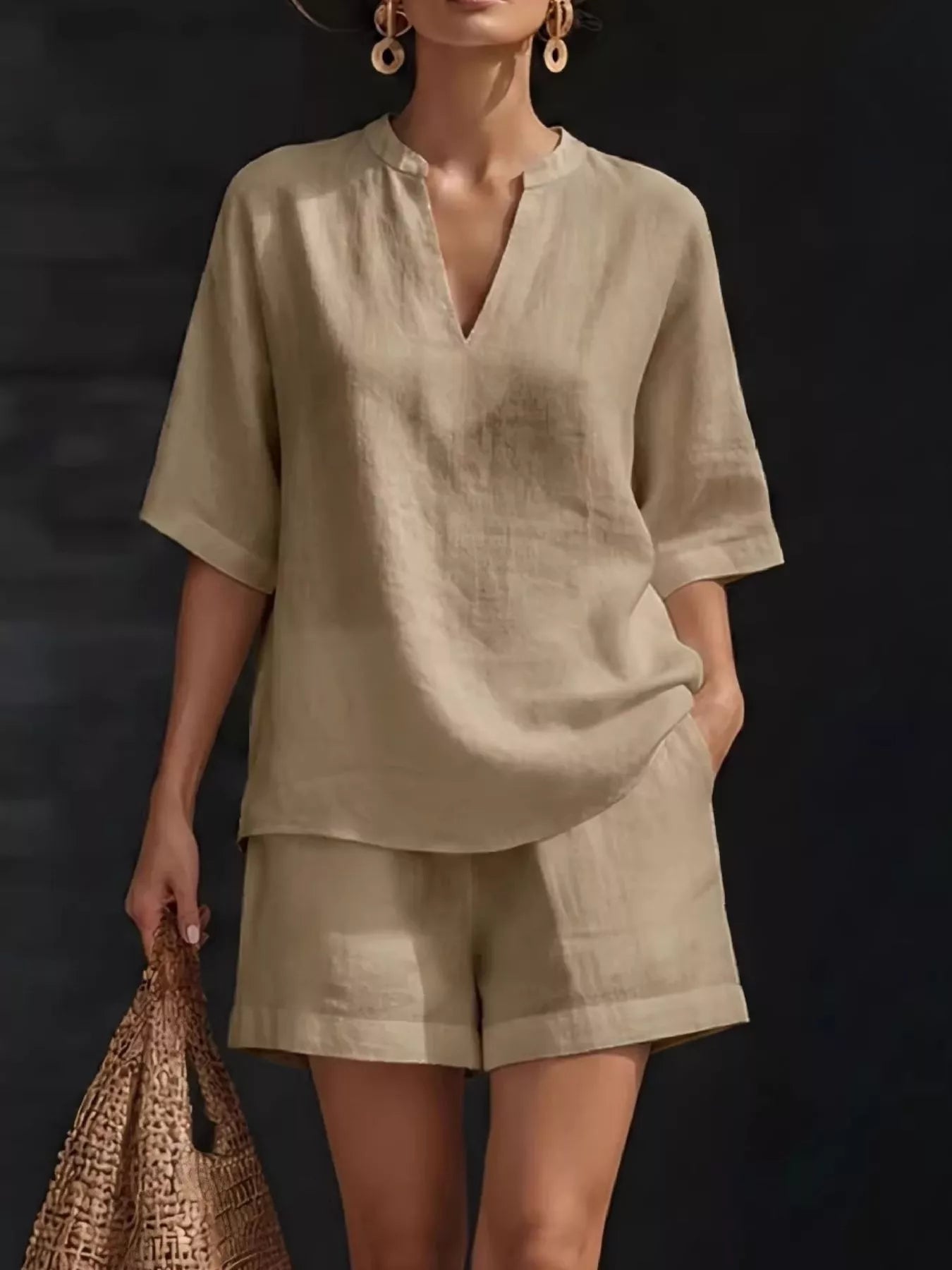 Full Size Notched Half Sleeve Top and Shorts Set Plus Size
