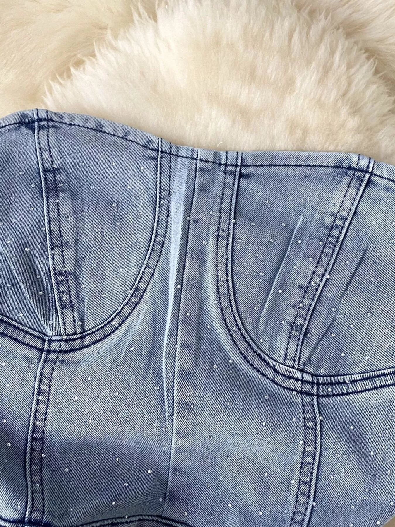 Strapless Denim Romper with Pockets