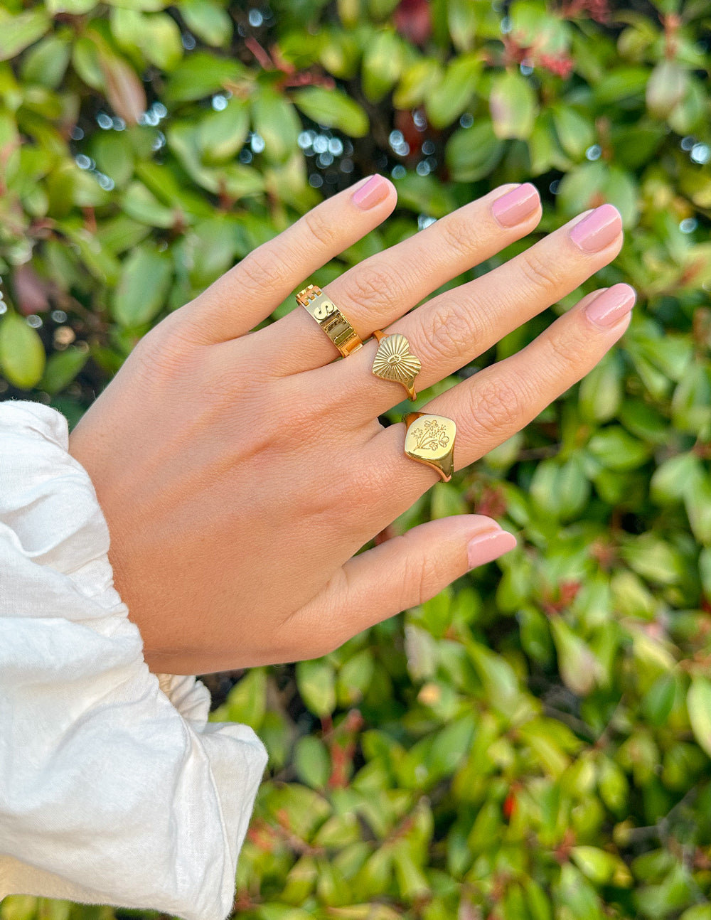 Elevated Faith Floral Signet Ring — lifestyle context