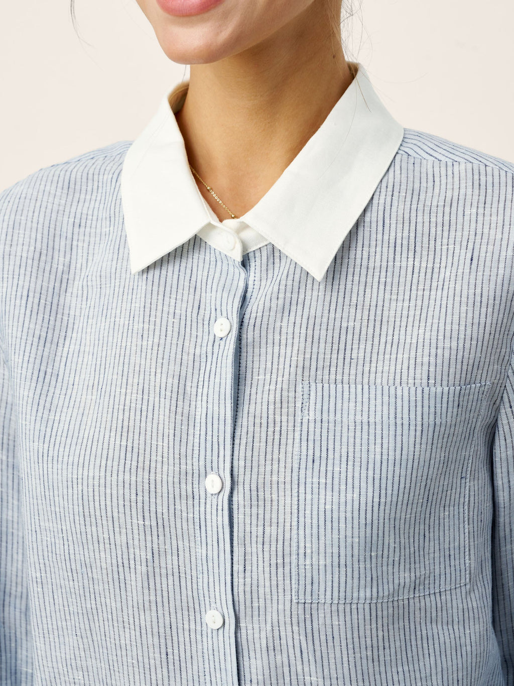 LINTICO LINTICO 100% Linen Striped Patchwork Pleat Shirt THEA — lifestyle worn / used context