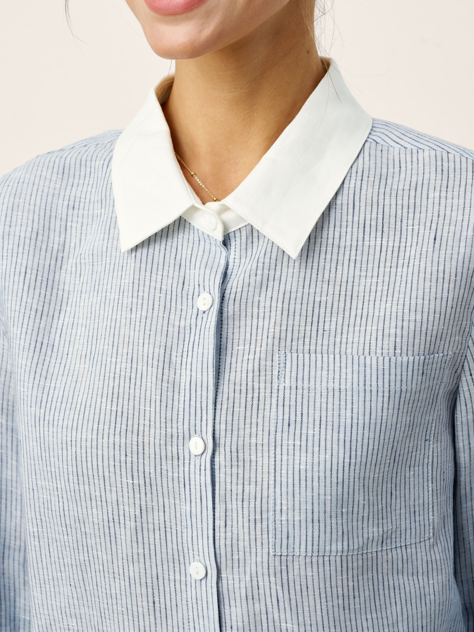 LINTICO LINTICO 100% Linen Striped Patchwork Pleat Shirt THEA — lifestyle worn / used context