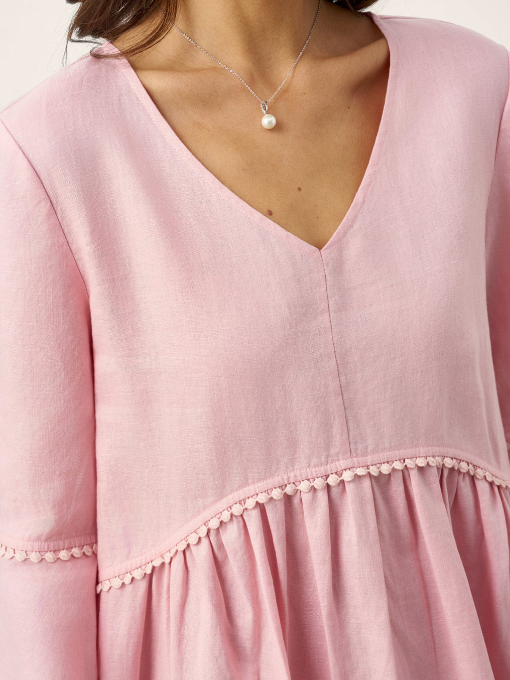 LINTICO 100% Linen V-Neck Ruffle Hem Midi Dress with Crochet Trim MARTHA — detail shot 7