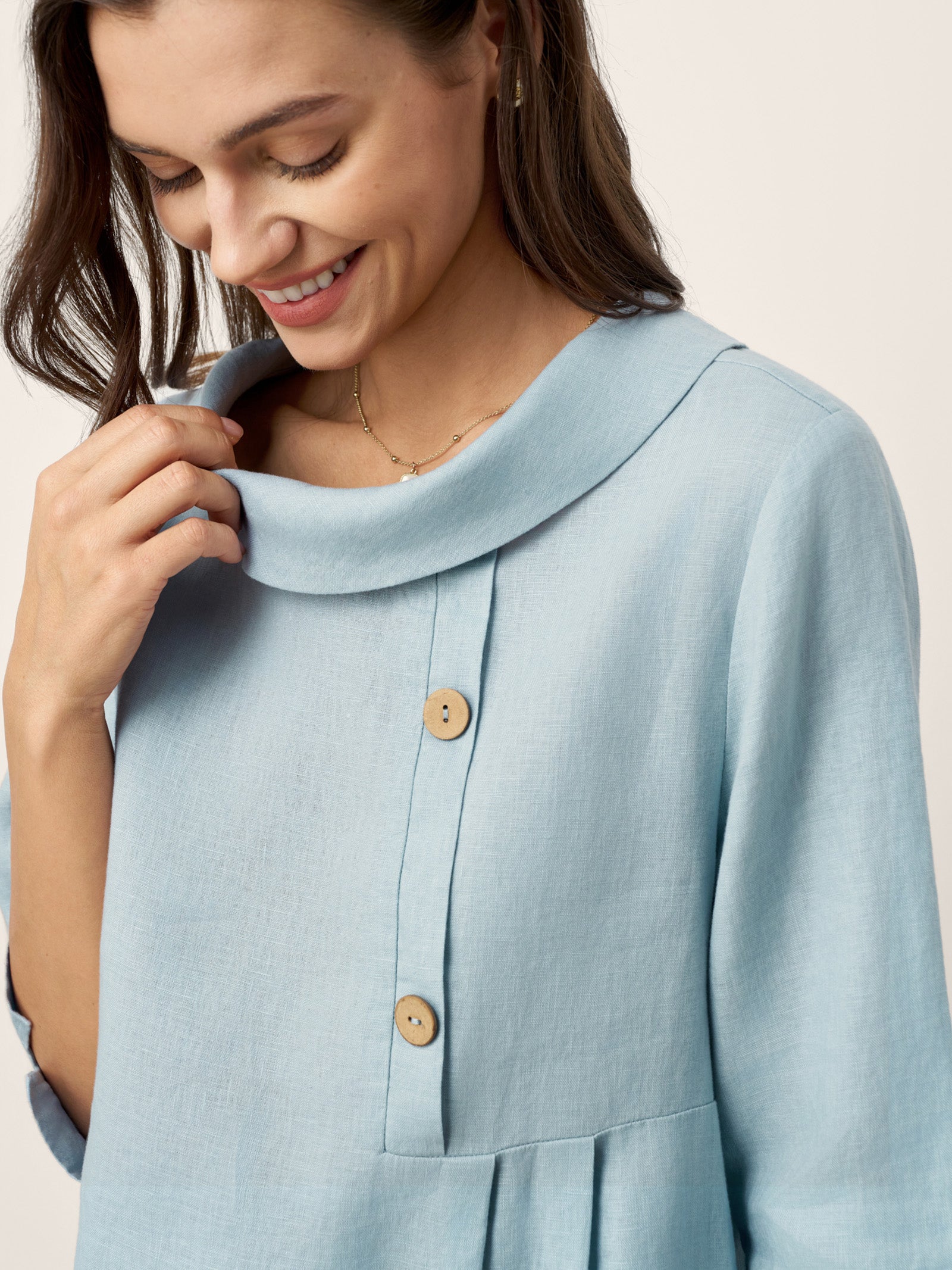 LINTICO 100% Linen Rolled Collar Asymmetric Button Maxi Dress ELARAINE — detail shot 7
