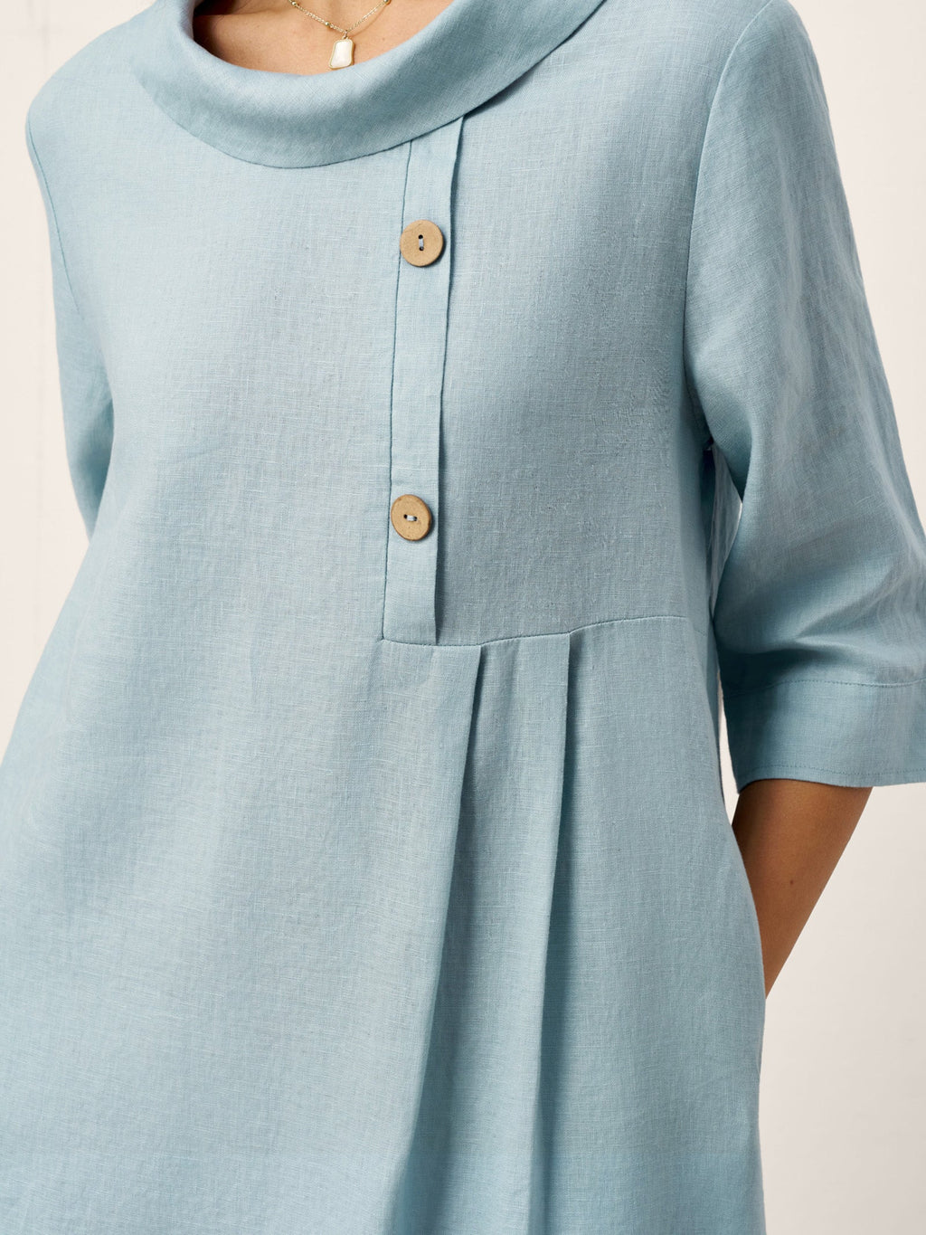 LINTICO 100% Linen Rolled Collar Asymmetric Button Maxi Dress ELARAINE — detail shot 8