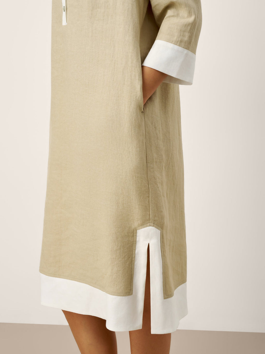 LINTICO 100% Linen Contrast Panel V-neck Layered Lapel Midi Shirt Dress PERSEPHONE — detail shot 8