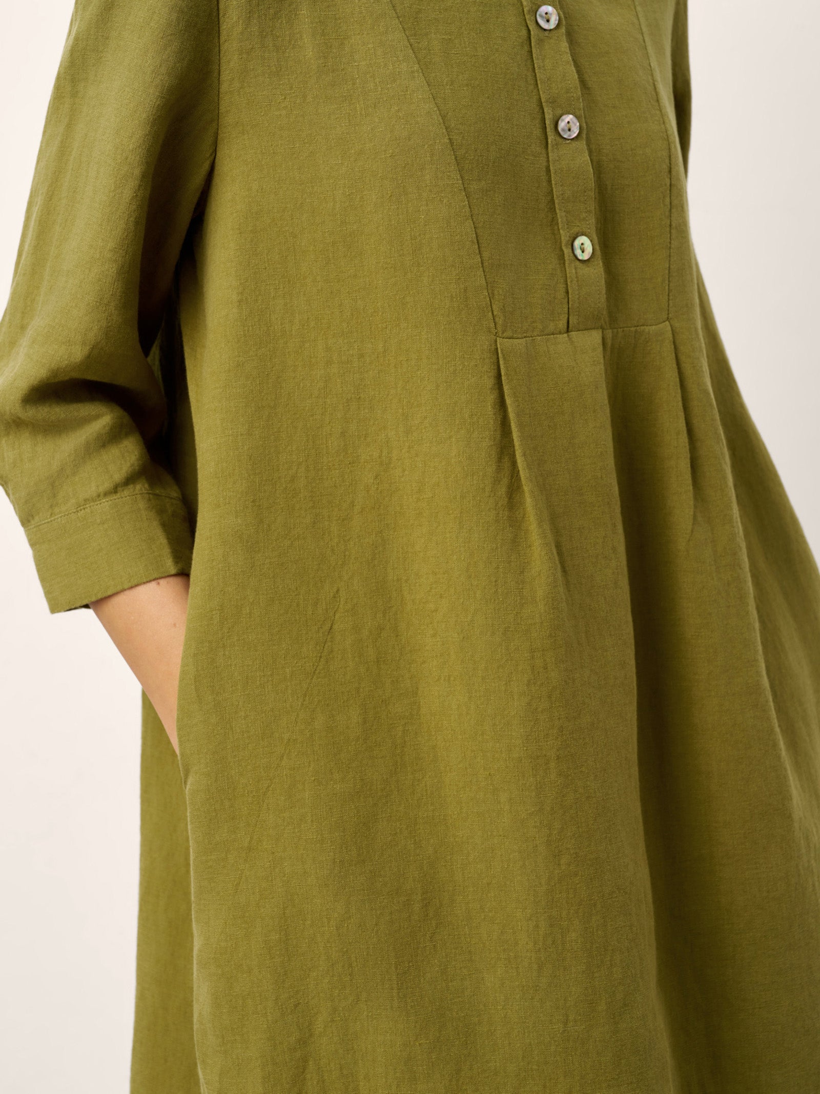 LINTICO 100% Linen Tailored Lapel 3/4 Sleeve Midi Shirt Dress MERCEDES — detail shot 10