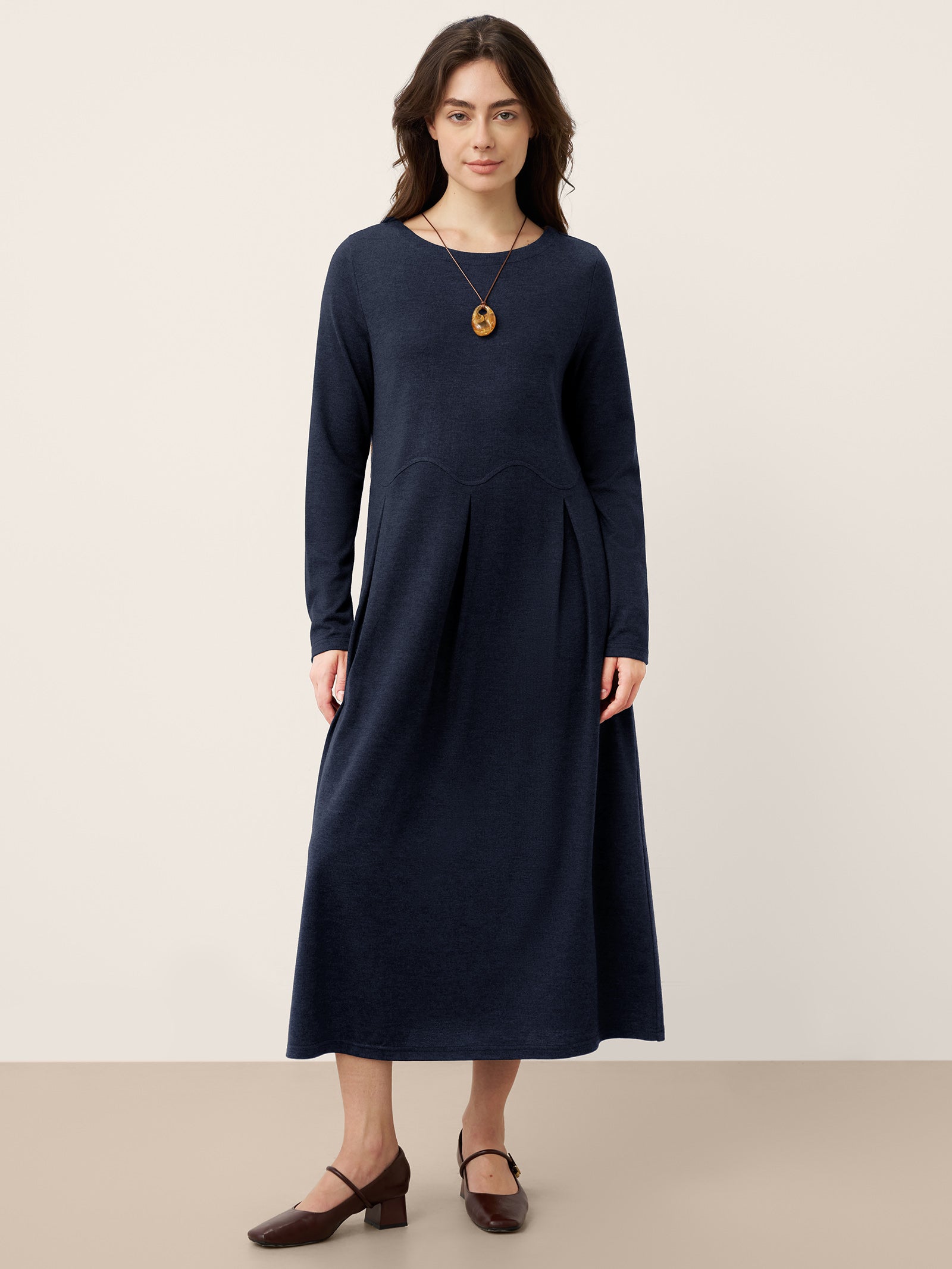 LINTICO Wool Arc-Panel Sculpted Pleats Maxi Dress CALISTA — detail shot 7
