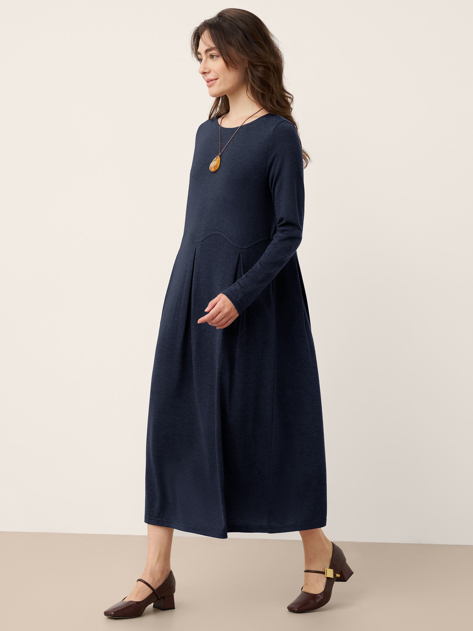 LINTICO Wool Arc-Panel Sculpted Pleats Maxi Dress CALISTA — detail shot 8