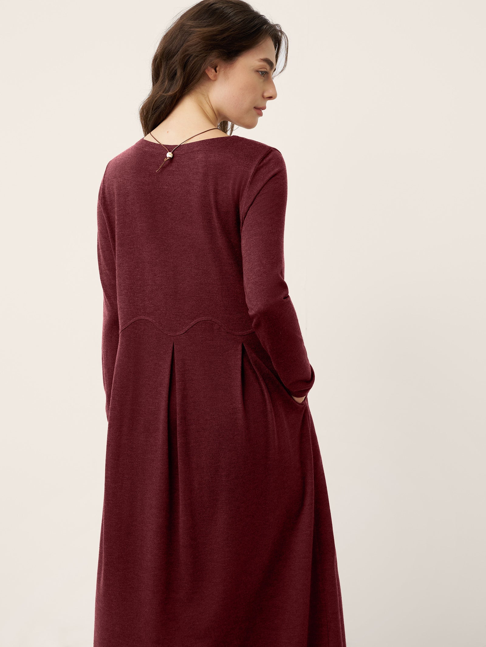 LINTICO Wool Arc-Panel Sculpted Pleats Maxi Dress CALISTA — fabric or material detail