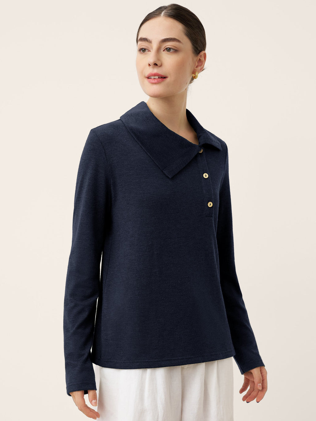 LINTICO Wool Asymmetric Lapel Fruit Button Decor Top YSABEL — detail shot 10