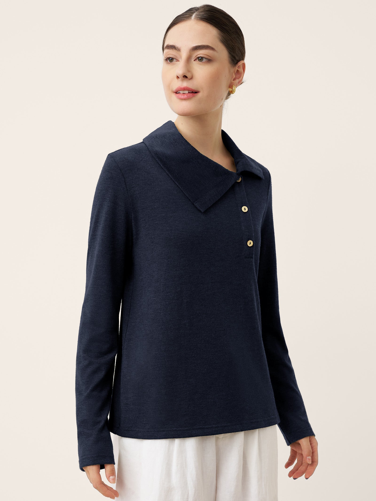 LINTICO Wool Asymmetric Lapel Fruit Button Decor Top YSABEL — detail shot 10