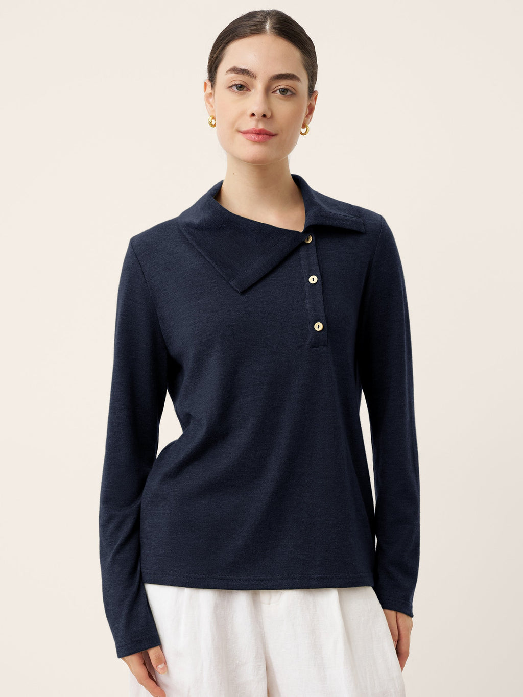 LINTICO Wool Asymmetric Lapel Fruit Button Decor Top YSABEL — detail shot 9