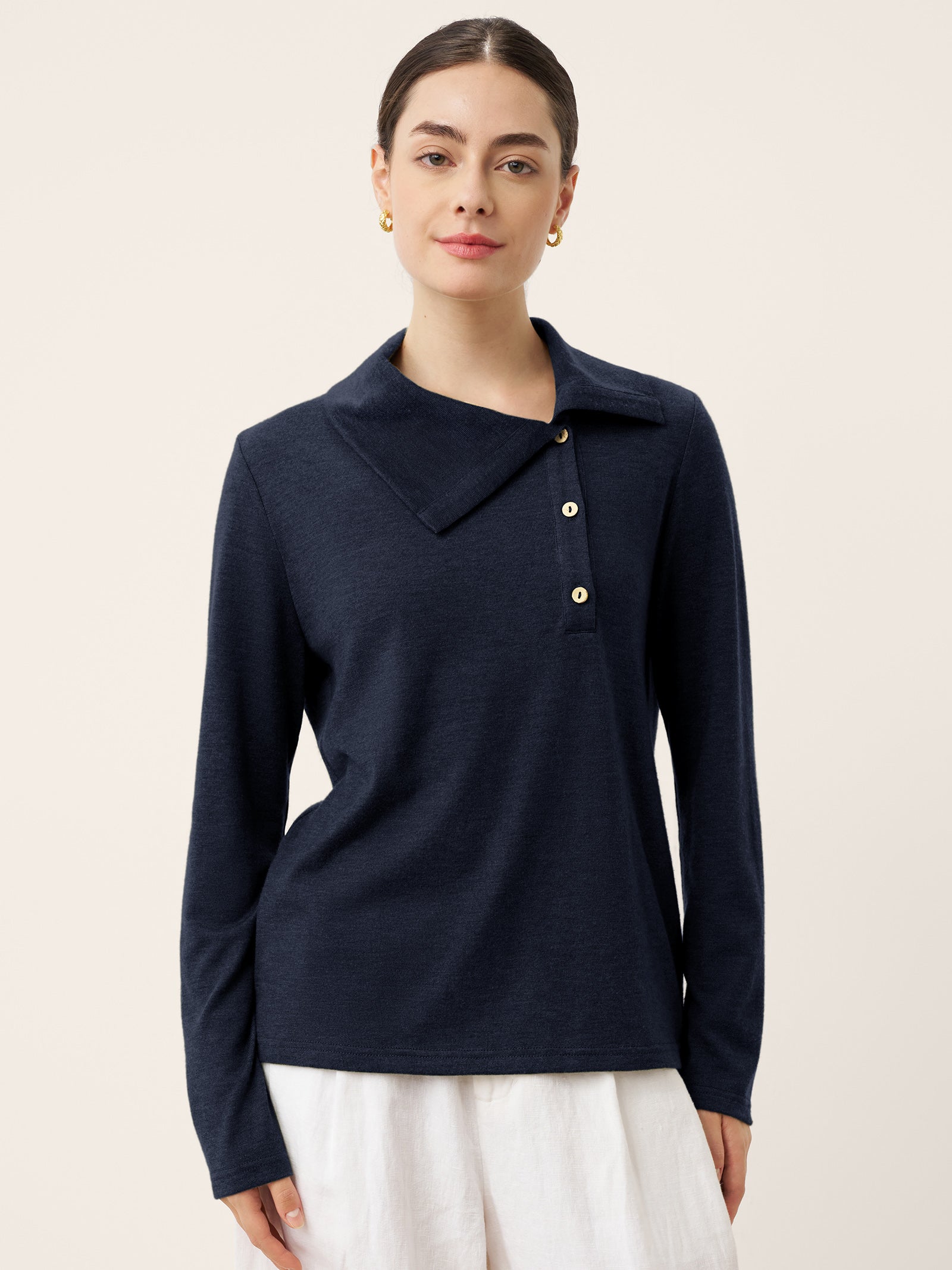 LINTICO Wool Asymmetric Lapel Fruit Button Decor Top YSABEL — detail shot 9
