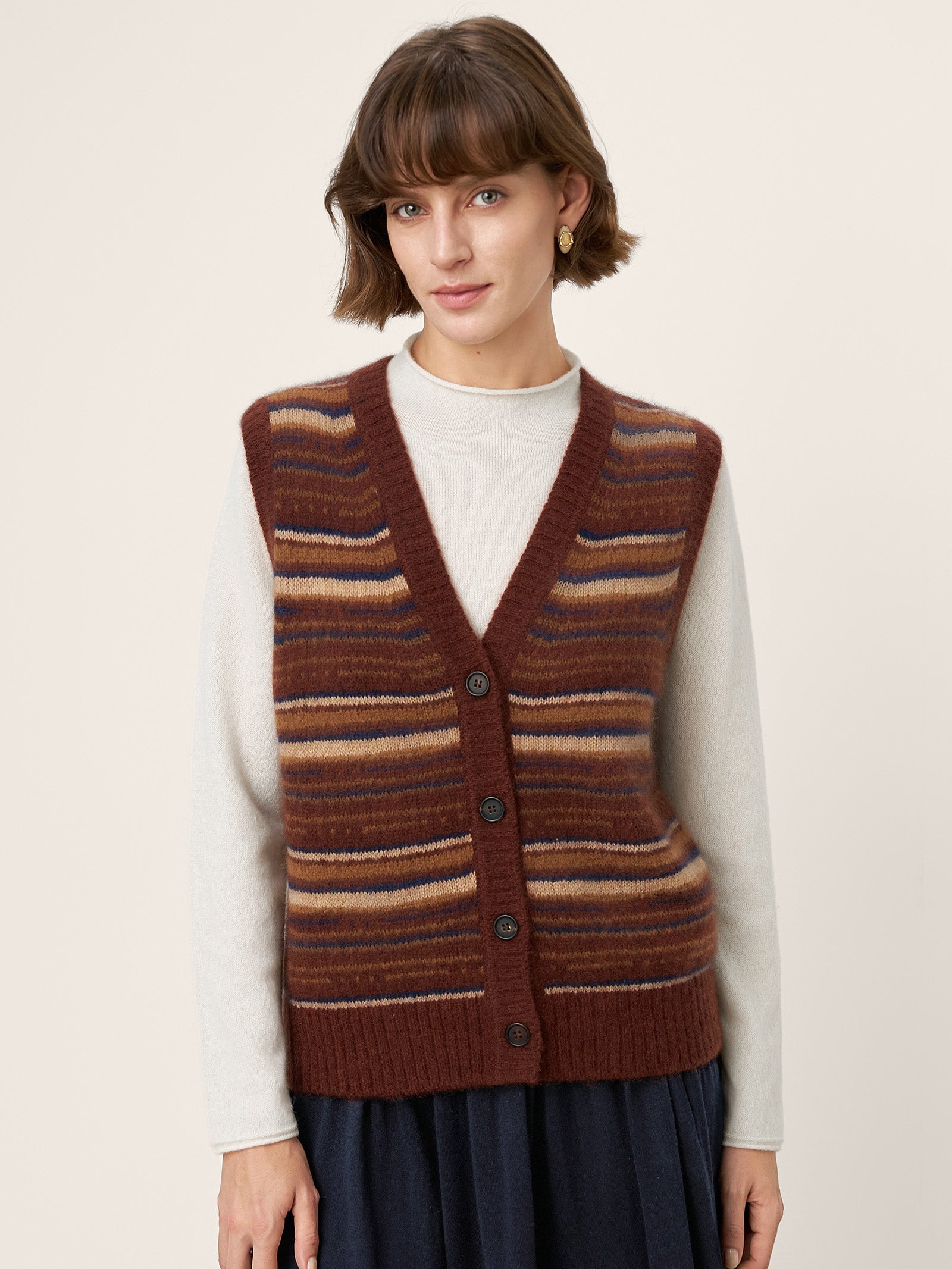LINTICO Mongolian Cashmere and Mulberry Silk Colorblock Stripe Button-Front Vest SOPHIE — main product shot