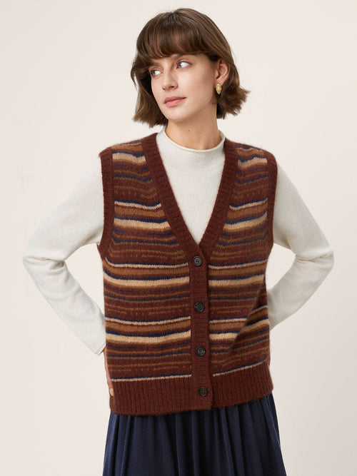 LINTICO Mongolian Cashmere and Mulberry Silk Colorblock Stripe Button-Front Vest SOPHIE — construction detail