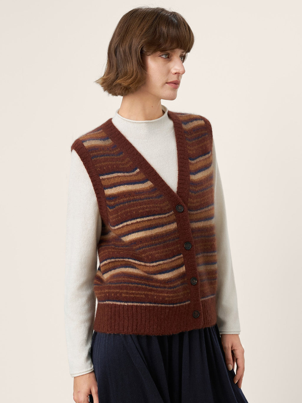 LINTICO Mongolian Cashmere and Mulberry Silk Colorblock Stripe Button-Front Vest SOPHIE — LINTICO branding close-up