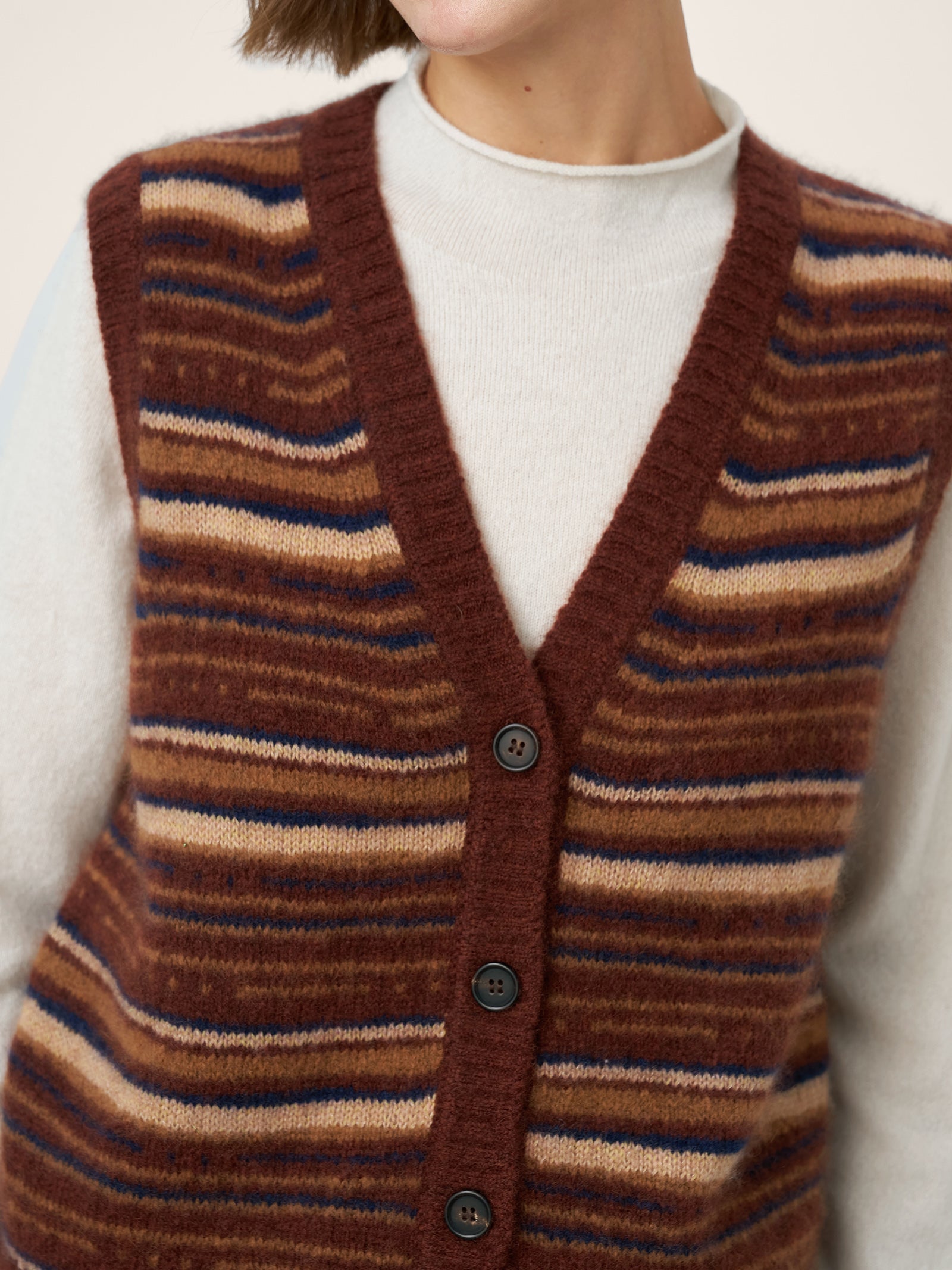 LINTICO Mongolian Cashmere and Mulberry Silk Colorblock Stripe Button-Front Vest SOPHIE — detail shot 6