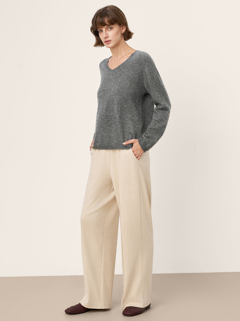 LINTICO Mongolian Cashmere & Mulberry Silk Seamless Ribbed Trim V-Neck Sweater TESSA — lifestyle worn / used context