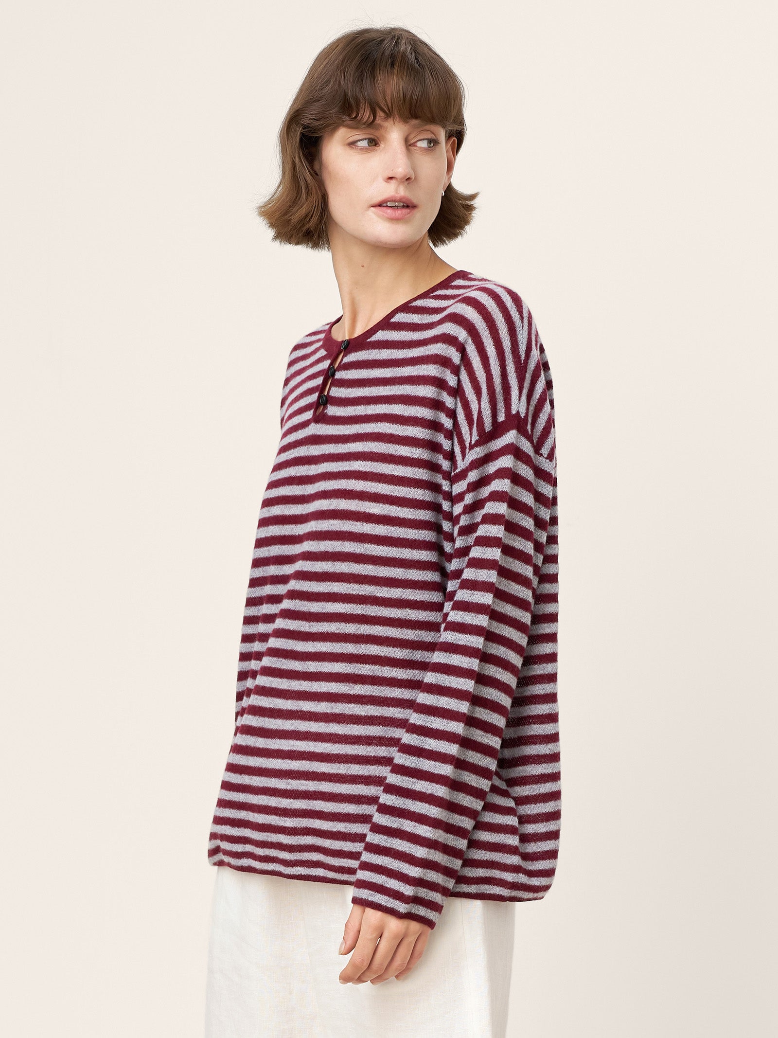 LINTICO 100% Mongolian Cashmere Drop Shoulder Stripe Knit Top RAINA — detail shot 10