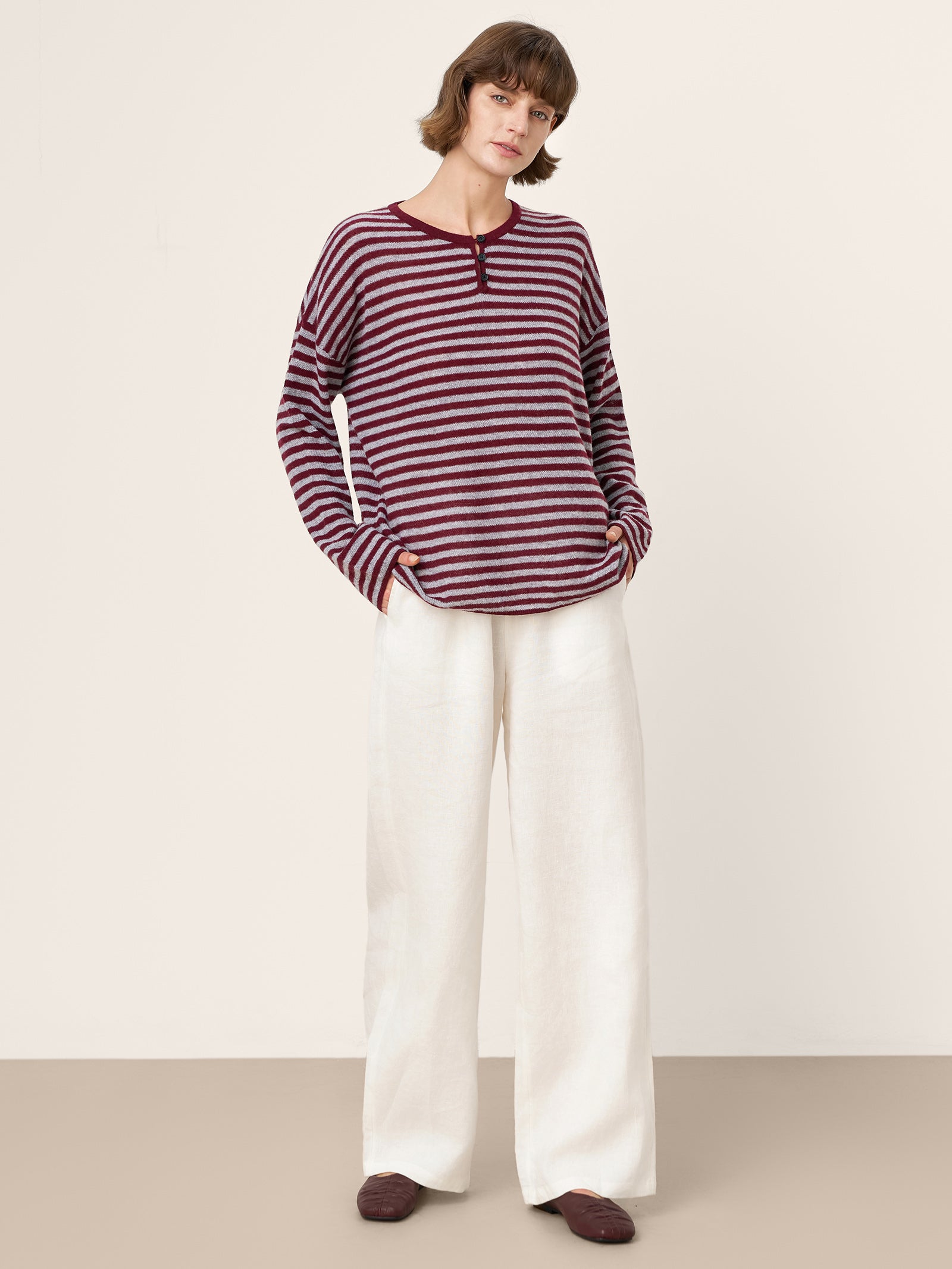 LINTICO 100% Mongolian Cashmere Drop Shoulder Stripe Knit Top RAINA — fabric or material detail