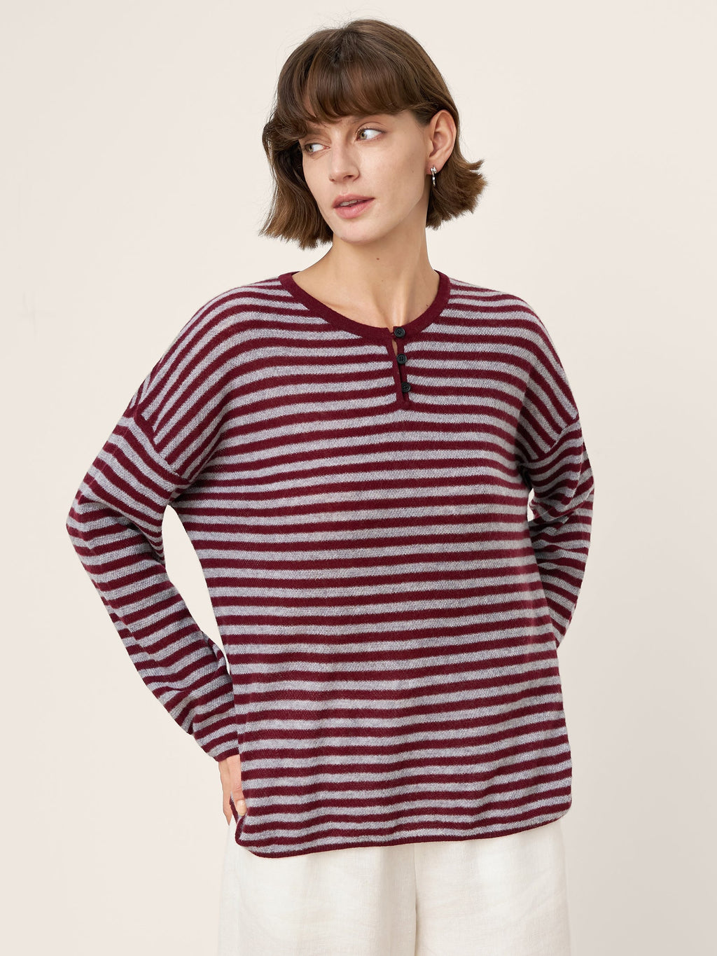 LINTICO 100% Mongolian Cashmere Drop Shoulder Stripe Knit Top RAINA — detail shot 9