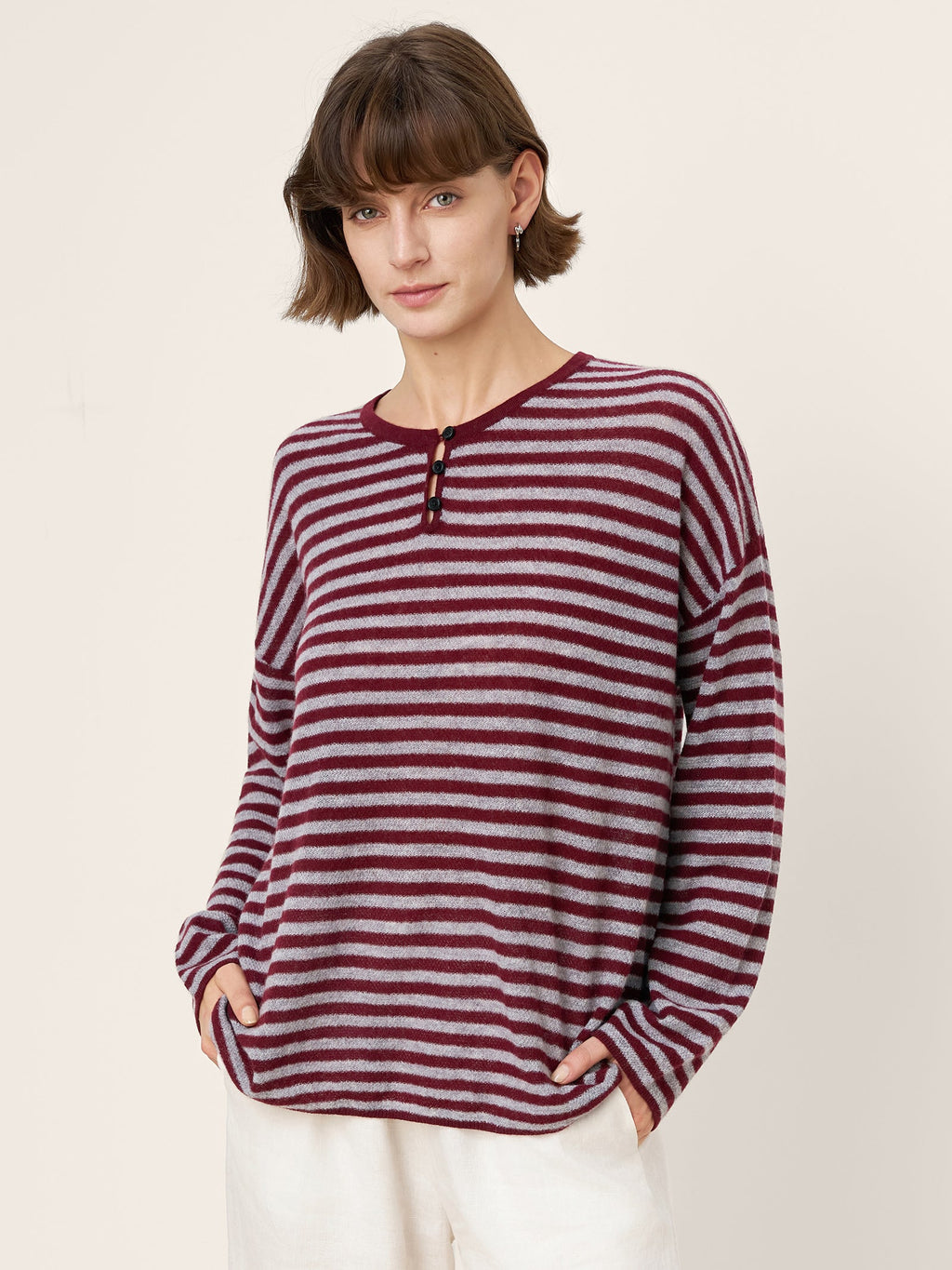 LINTICO 100% Mongolian Cashmere Drop Shoulder Stripe Knit Top RAINA — detail shot 8
