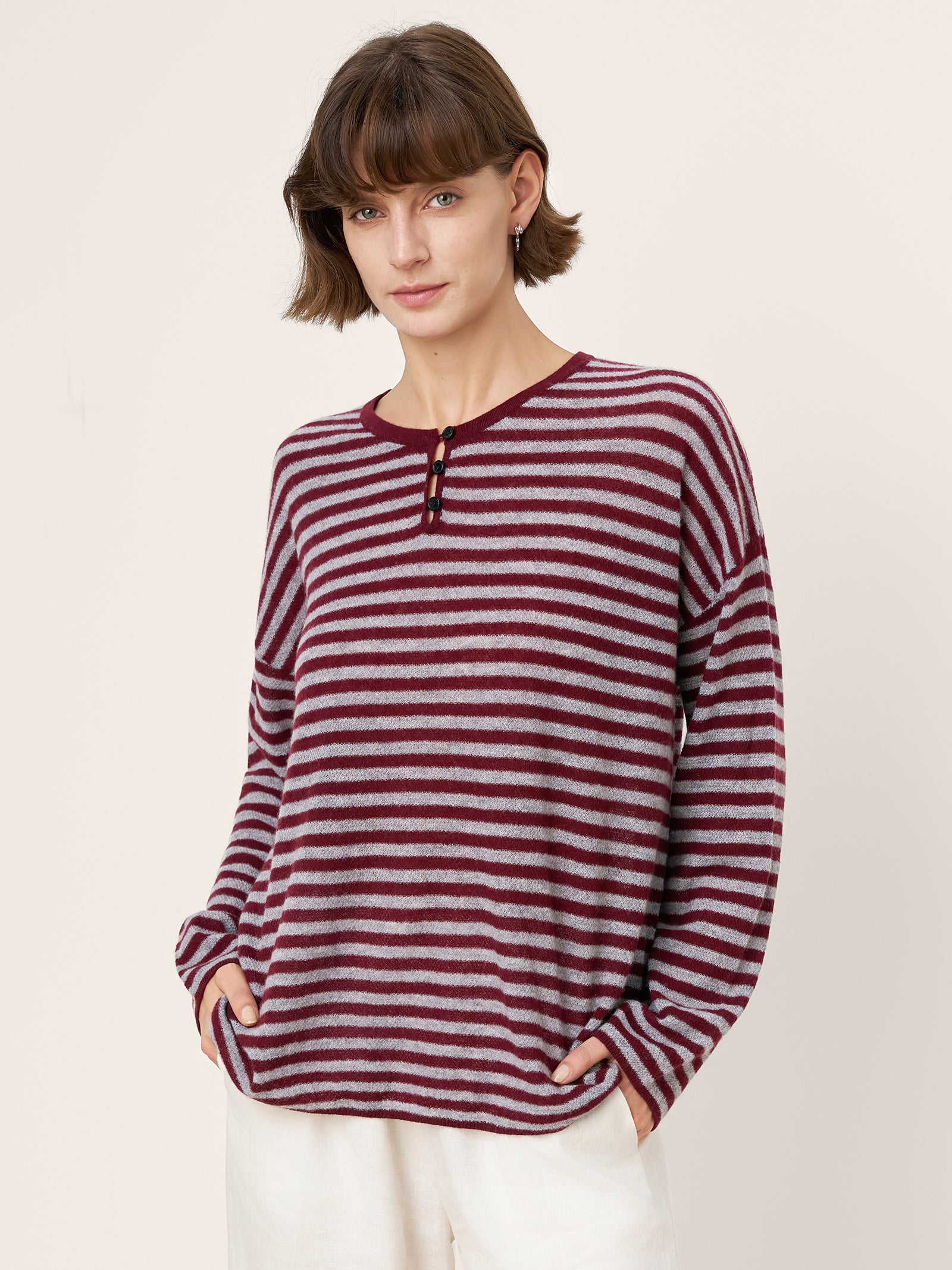 LINTICO 100% Mongolian Cashmere Drop Shoulder Stripe Knit Top RAINA — detail shot 8