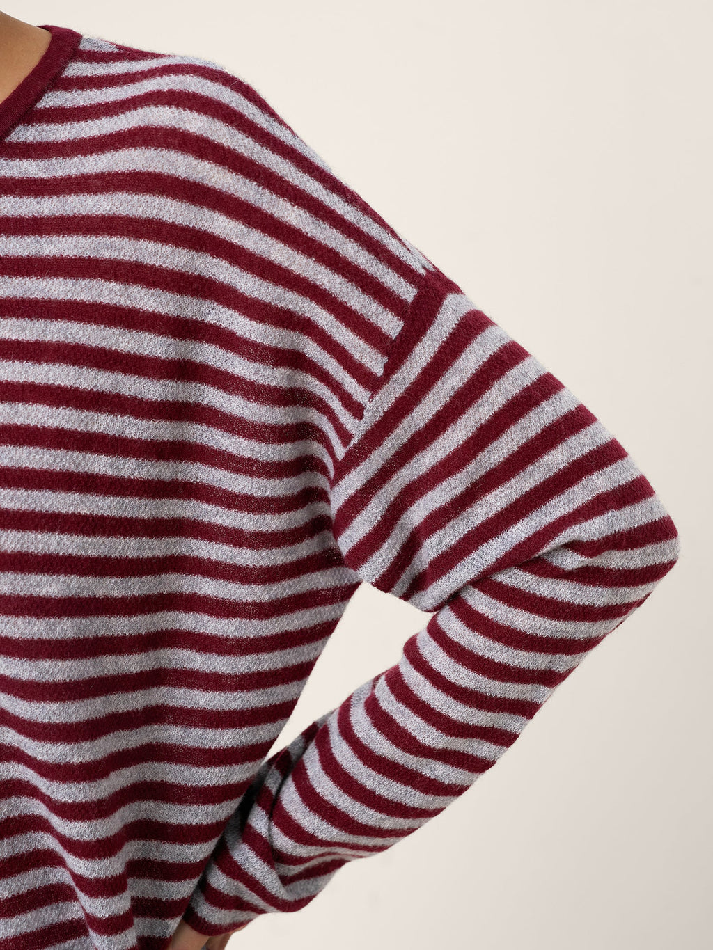 LINTICO 100% Mongolian Cashmere Drop Shoulder Stripe Knit Top RAINA — product on model