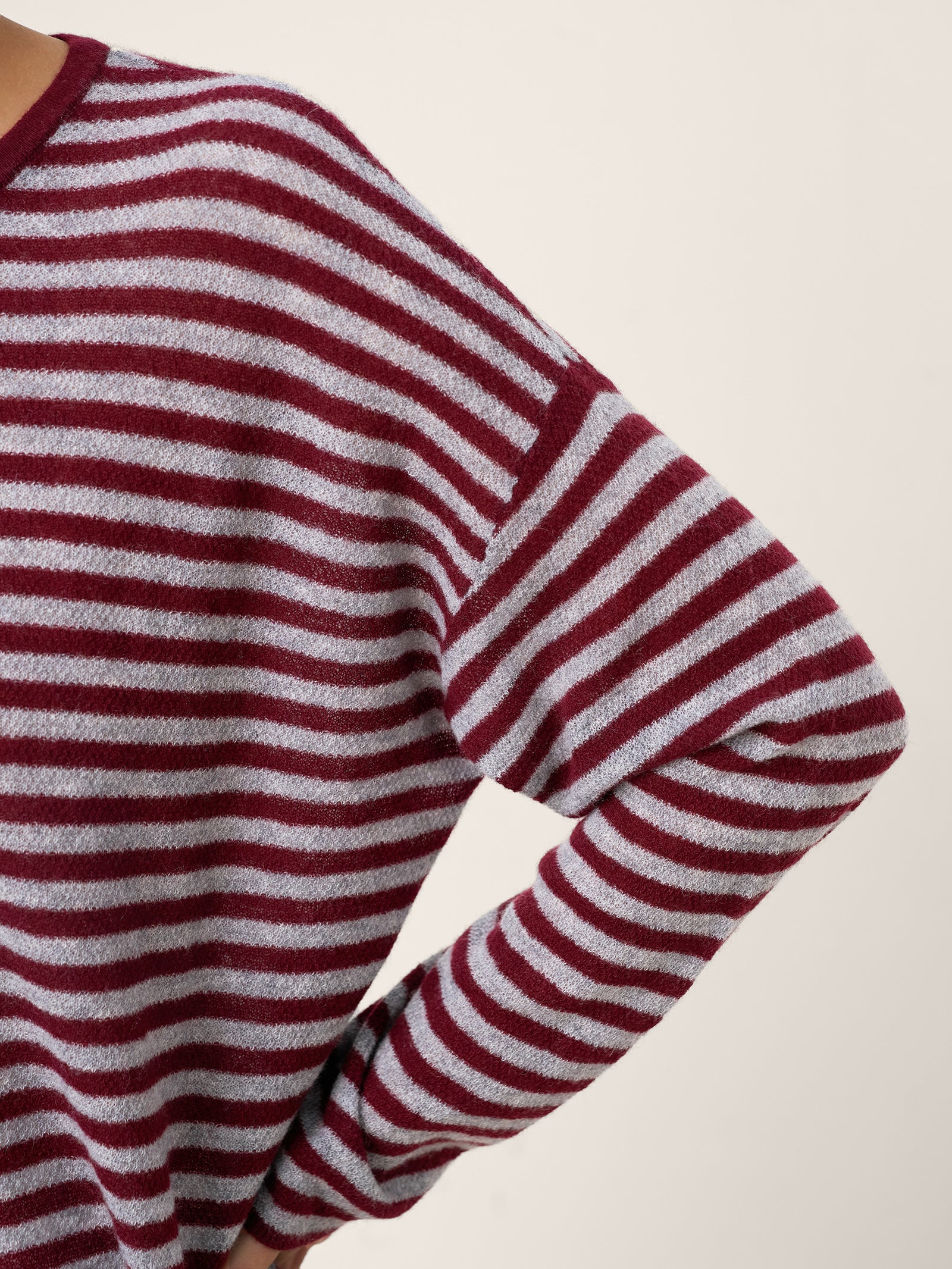 LINTICO 100% Mongolian Cashmere Drop Shoulder Stripe Knit Top RAINA — product on model