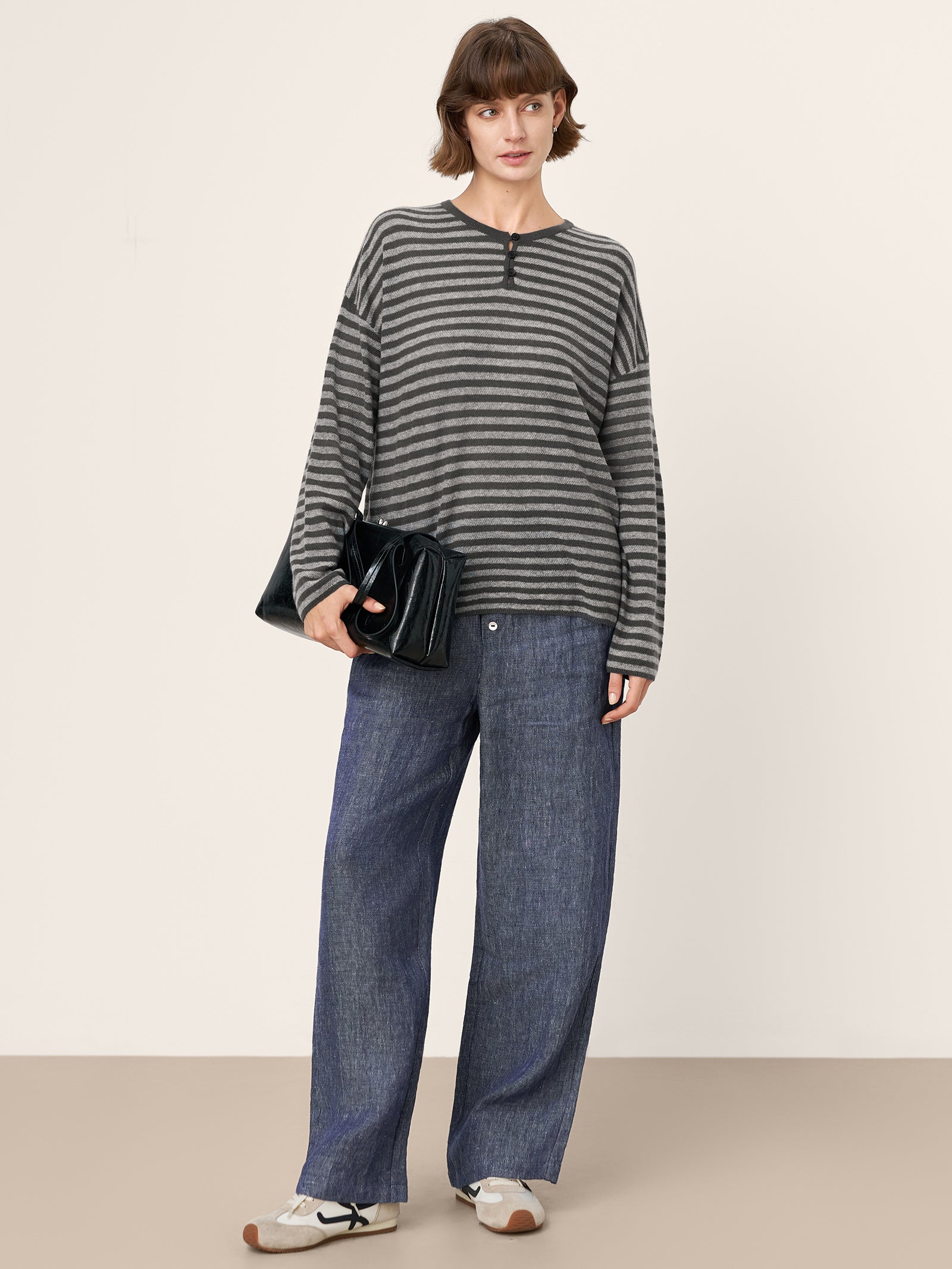 LINTICO 100% Mongolian Cashmere Drop Shoulder Stripe Knit Top RAINA — lifestyle worn / used context