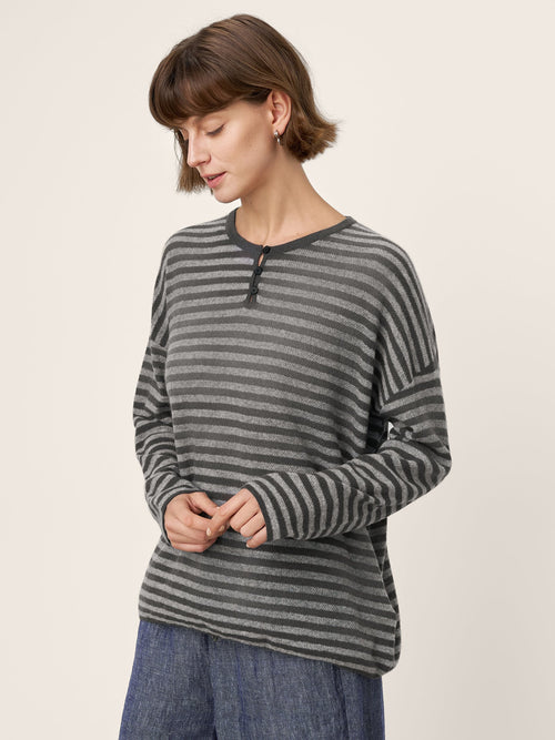 LINTICO 100% Mongolian Cashmere Drop Shoulder Stripe Knit Top RAINA — Drop Shoulder detail