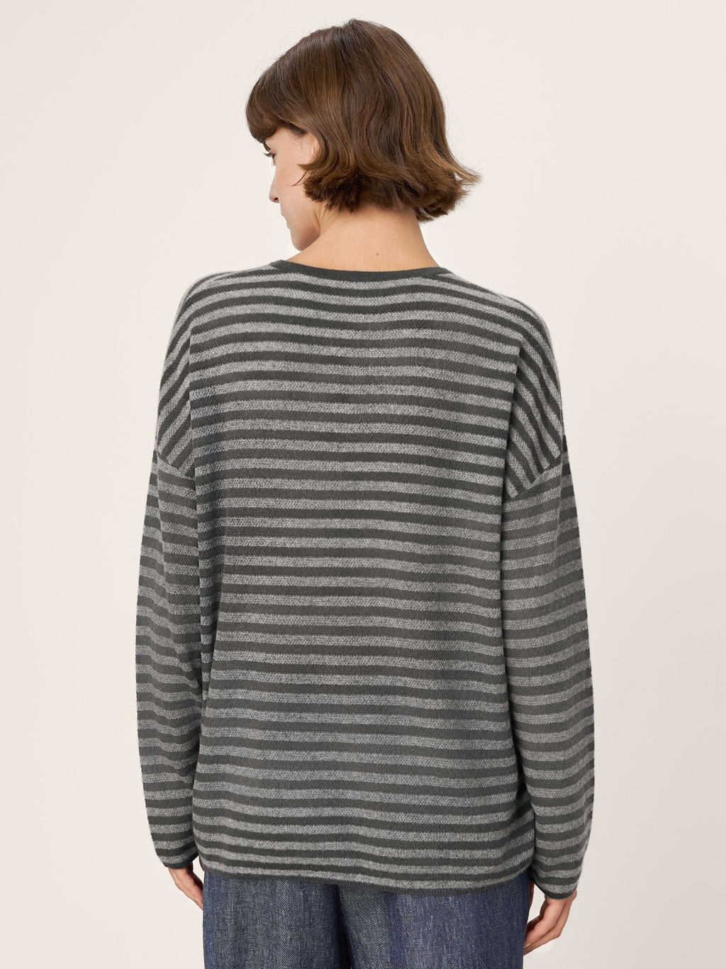 LINTICO 100% Mongolian Cashmere Drop Shoulder Stripe Knit Top RAINA — LINTICO branding close-up