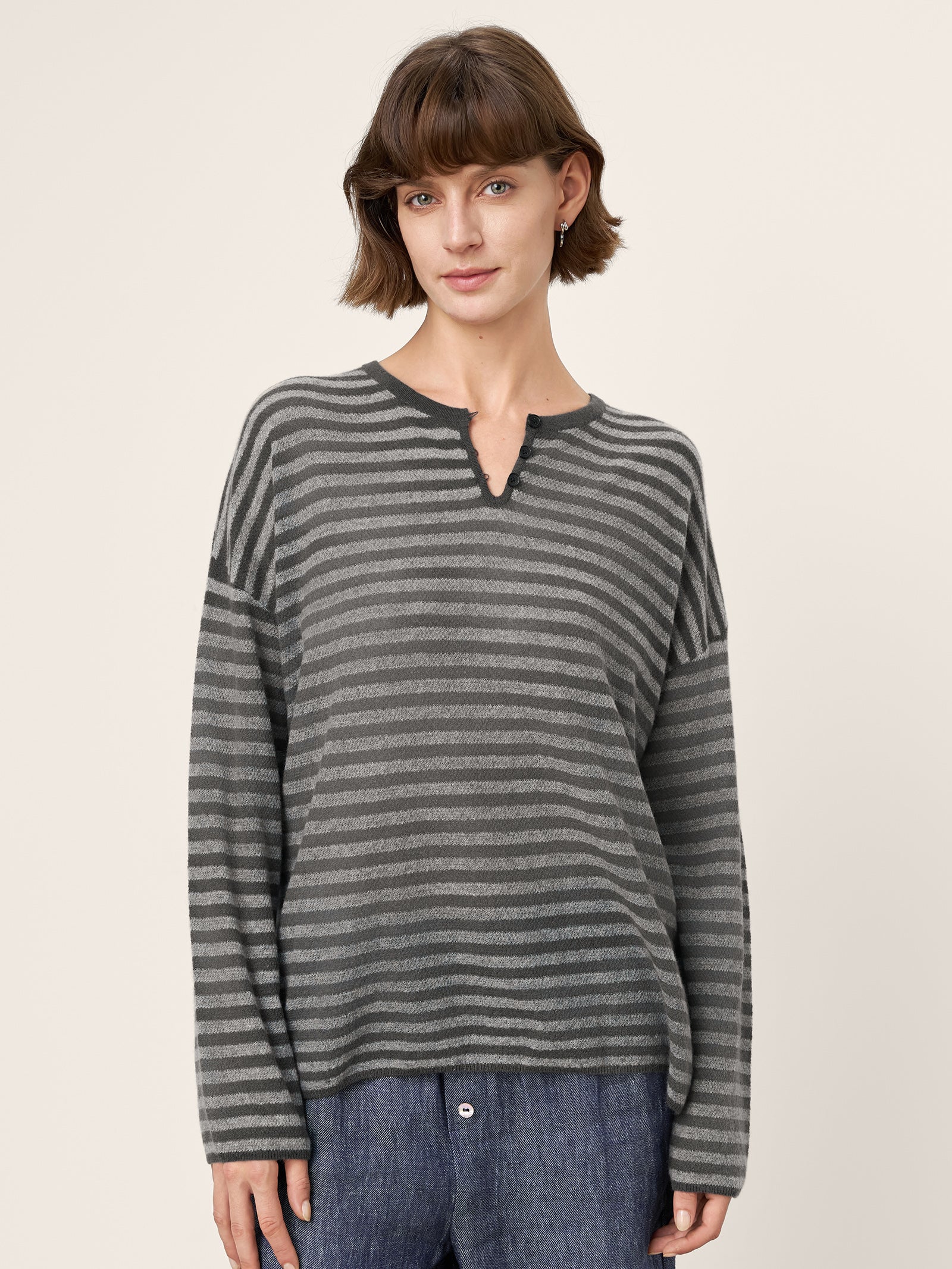 LINTICO 100% Mongolian Cashmere Drop Shoulder Stripe Knit Top RAINA — main product shot