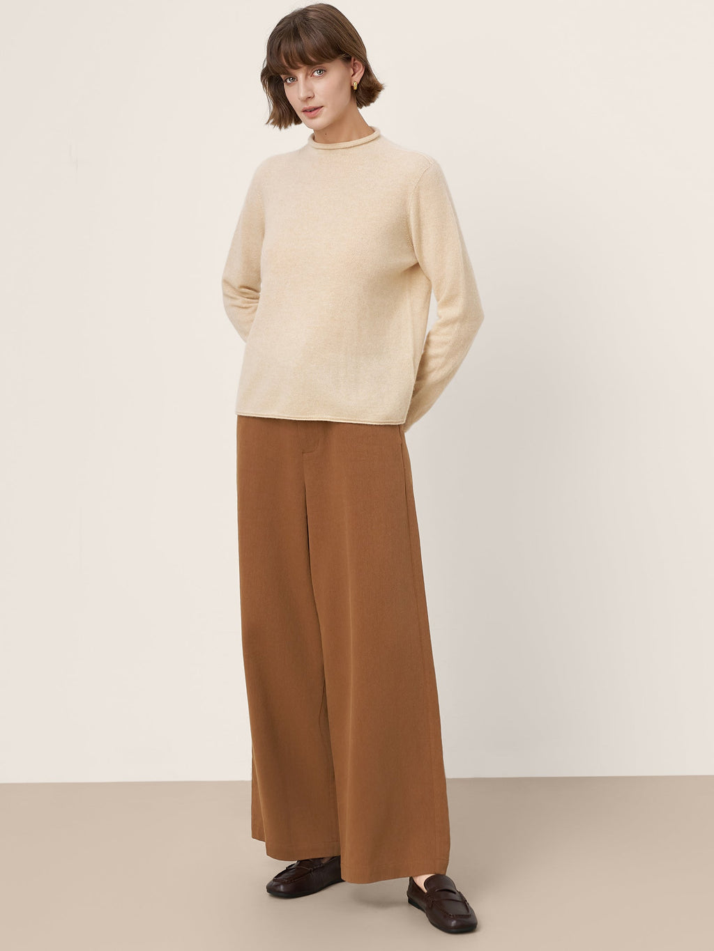 LINTICO Premium Cashmere Blend Hand-Finished Seamless Mock Neck Lettuce Edge Sweater ZELIE — comparison shot
