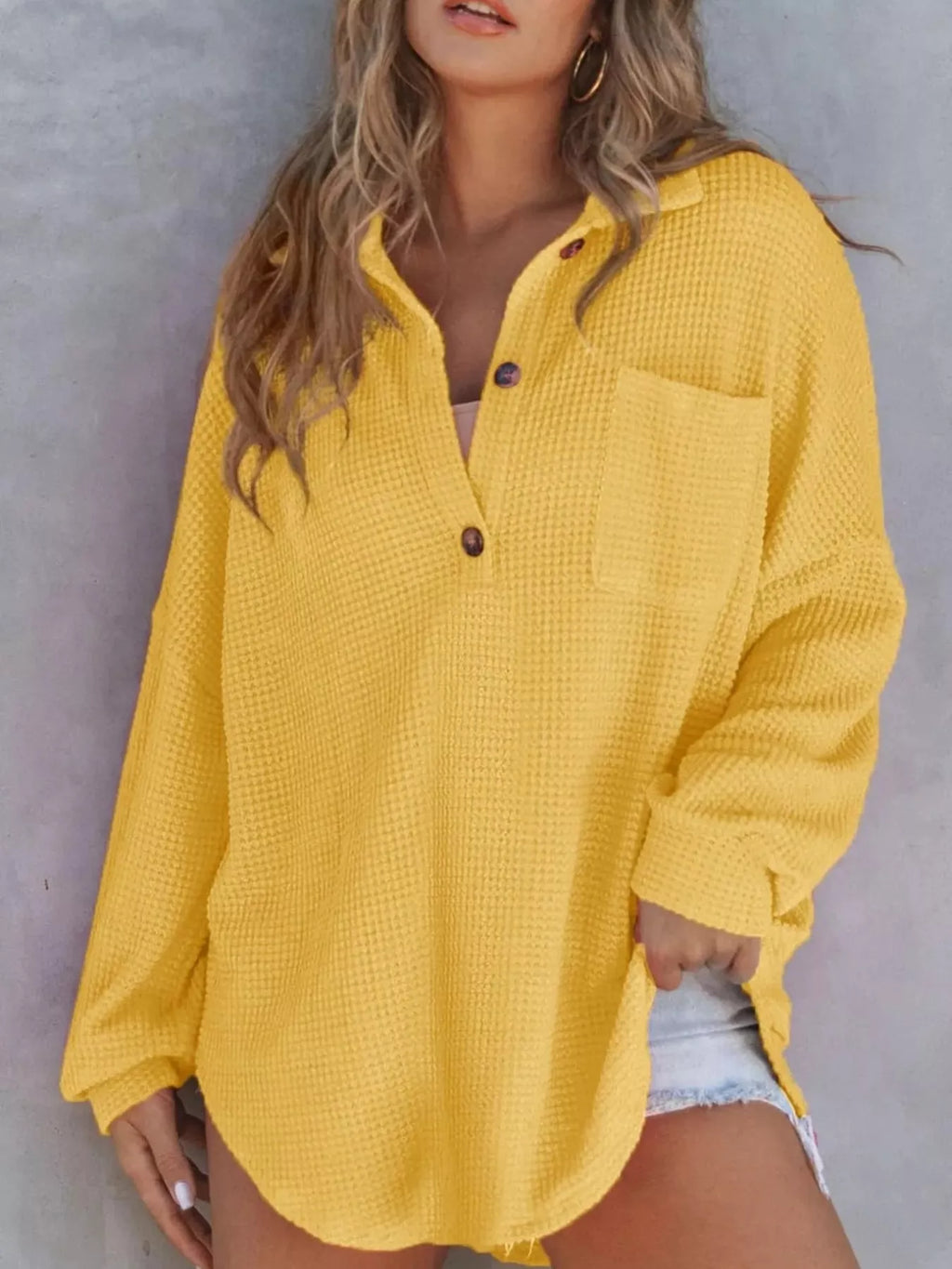 Waffle Knit Button Detail T-Shirt with Pocket