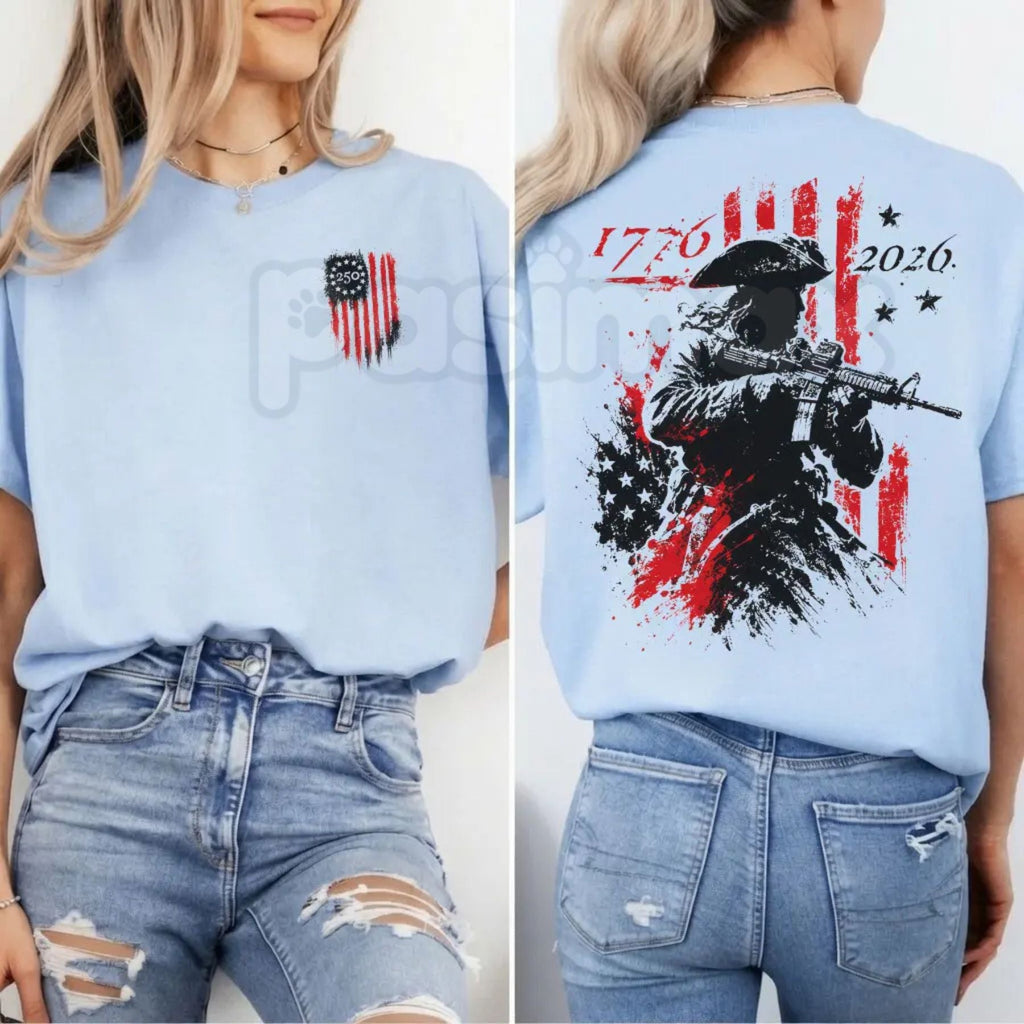 250th Anniversary Distressed American Flag 2-Sided T-Shirt – Retro 1776-2026 Revolutionary Soldier Patriotic Graphic Tee