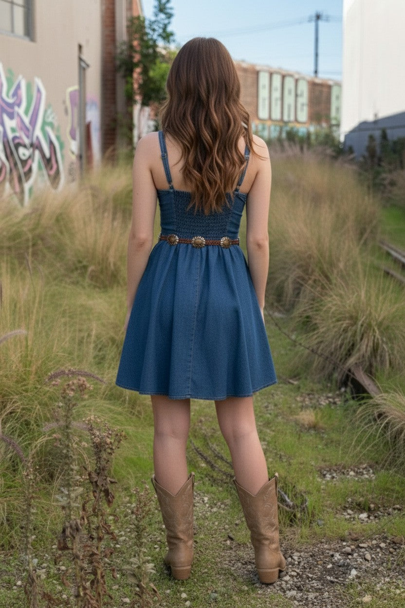 Bustier Ruching Back Denim Dress – Stretch Cotton Denim Mini Dress