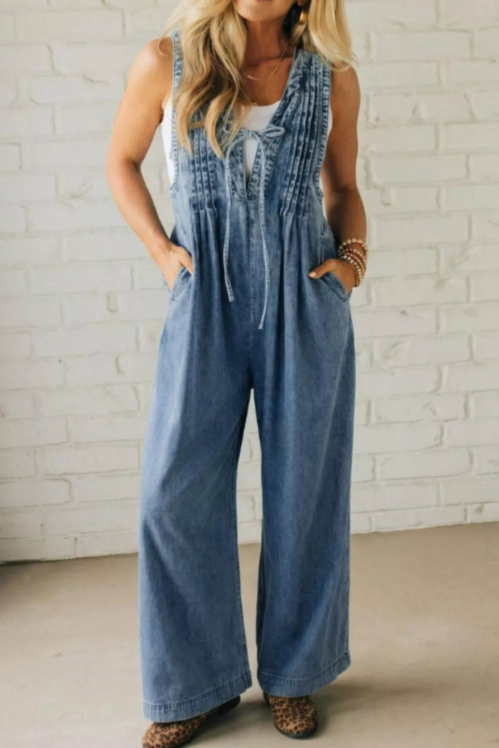 Acid Wash Pintuck Tie V Neck Denim Wide Leg Jumpsuit