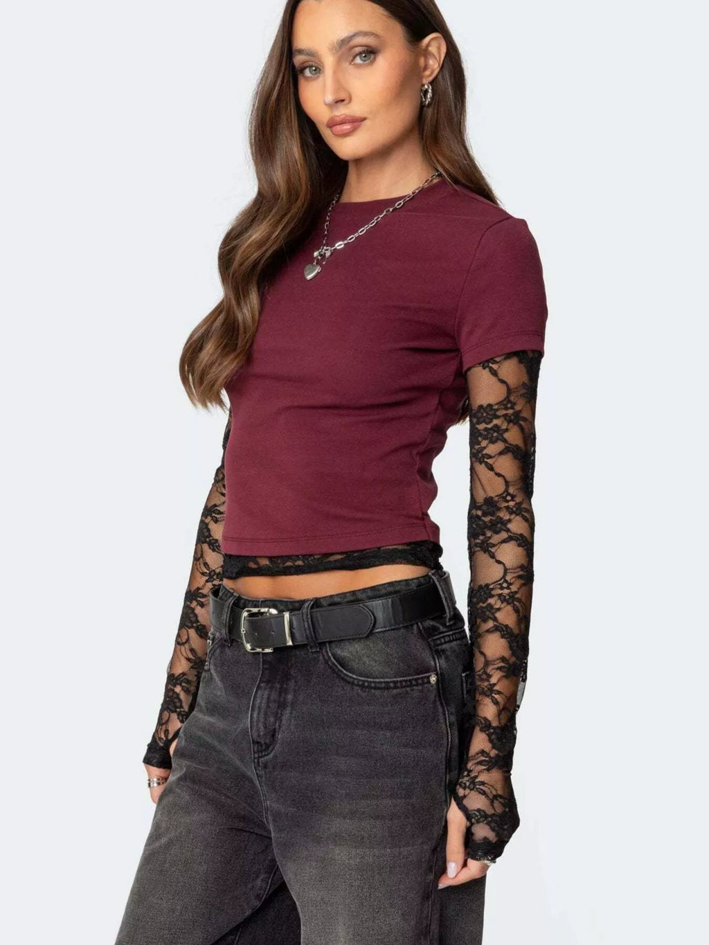Cropped T-Shirt with Sheer Lace Sleeves